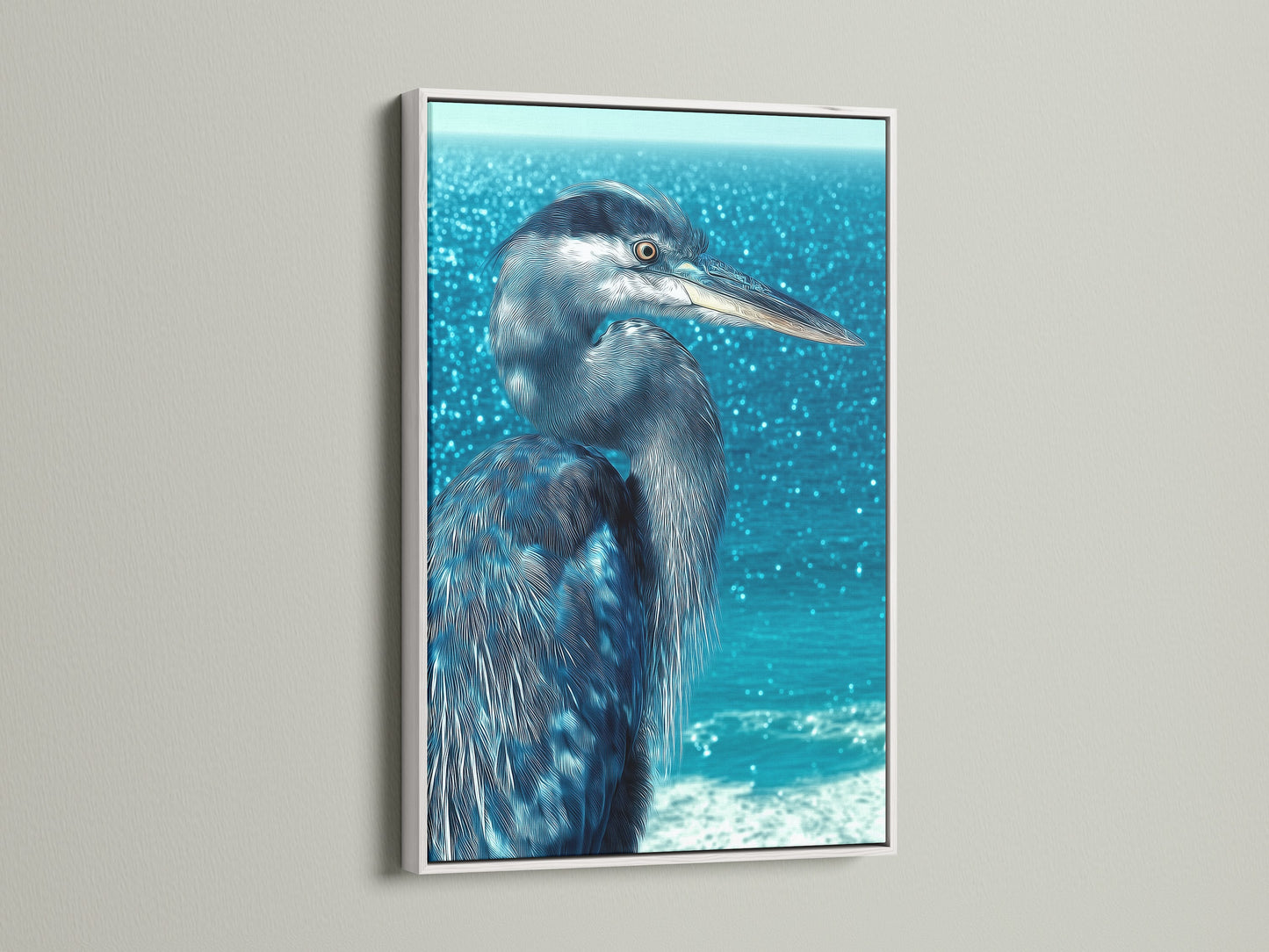 A white frame highlights the beauty of heron artwork. The clean lines of the frame accentuate the blue artwork. It is ideal for bathroom art or any space needing coastal decor. This heron print brings a fresh aesthetic.