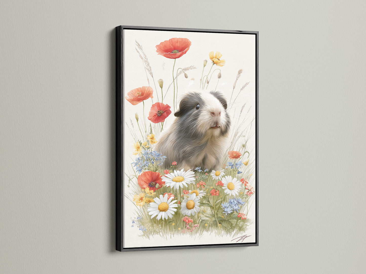 Artwork featuring an adorable guinea pig among flowers. The piece is encased in a sleek black frame. The black frame provides a bold and sophisticated touch. It makes the artwork stand out. It is suitable for both classic and modern settings.