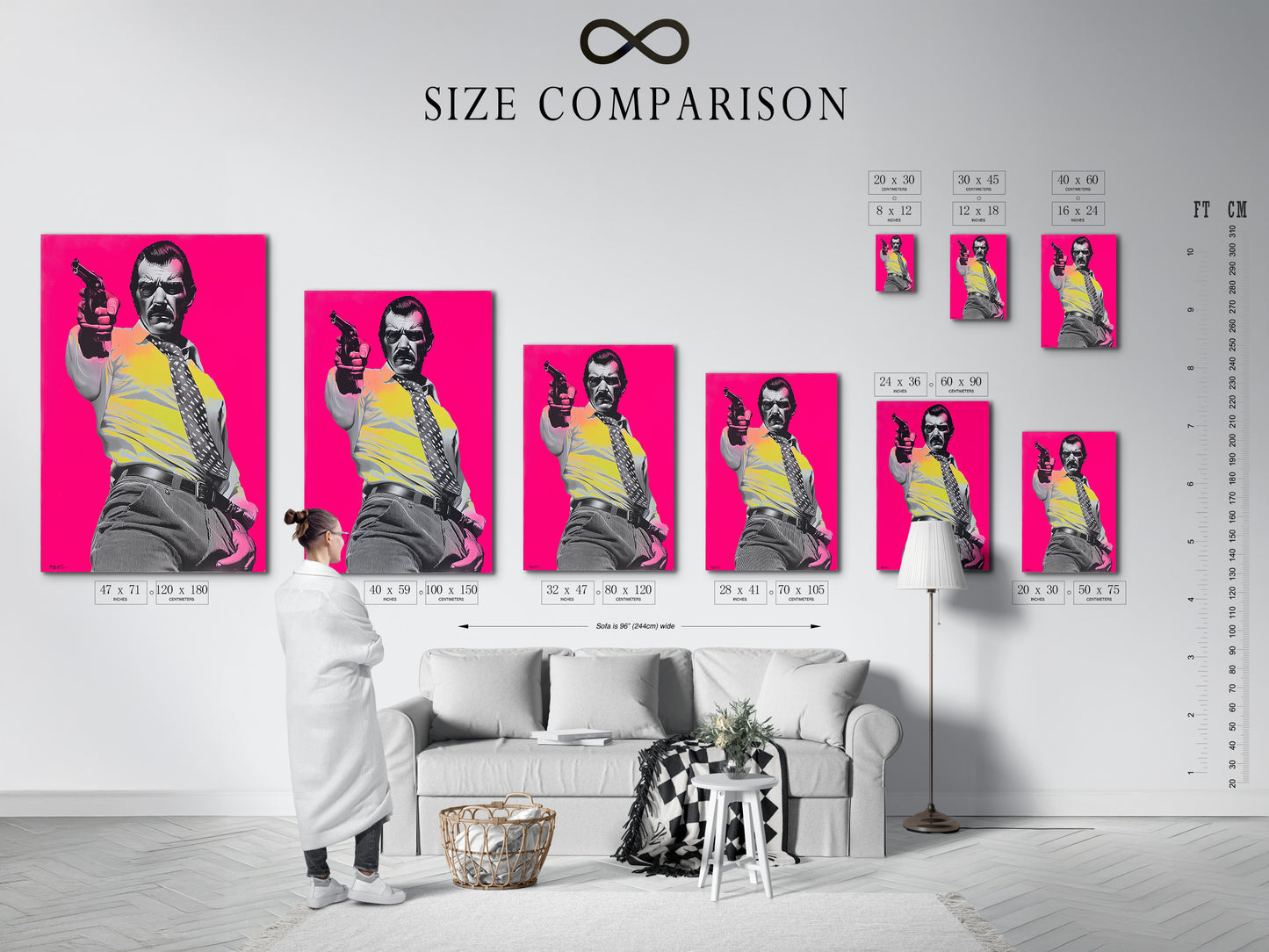 A size comparison chart in an interior setting. Visualize how different sizes look in your space. Compare artwork sizes to find the perfect fit. Use this chart to plan your art display. This comparison chart helps you choose the right size.