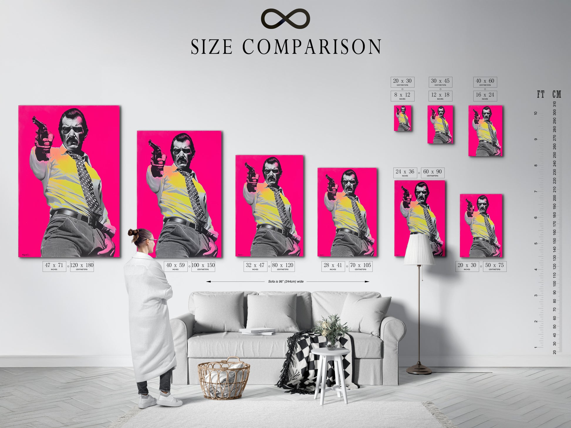 A size comparison chart in an interior setting. Visualize how different sizes look in your space. Compare artwork sizes to find the perfect fit. Use this chart to plan your art display. This comparison chart helps you choose the right size.