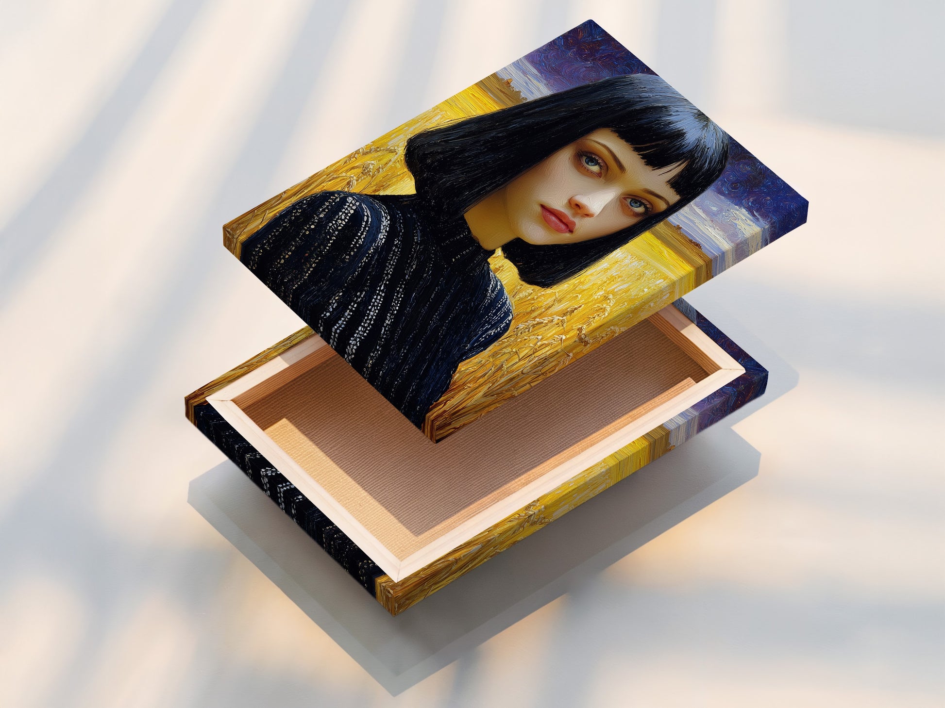 Stretched canvas print of gothic portrait art. This dark moody art is ready to hang. Contemporary woman painting adds style to any room. Perfect gothic artwork for bedroom wall decor.