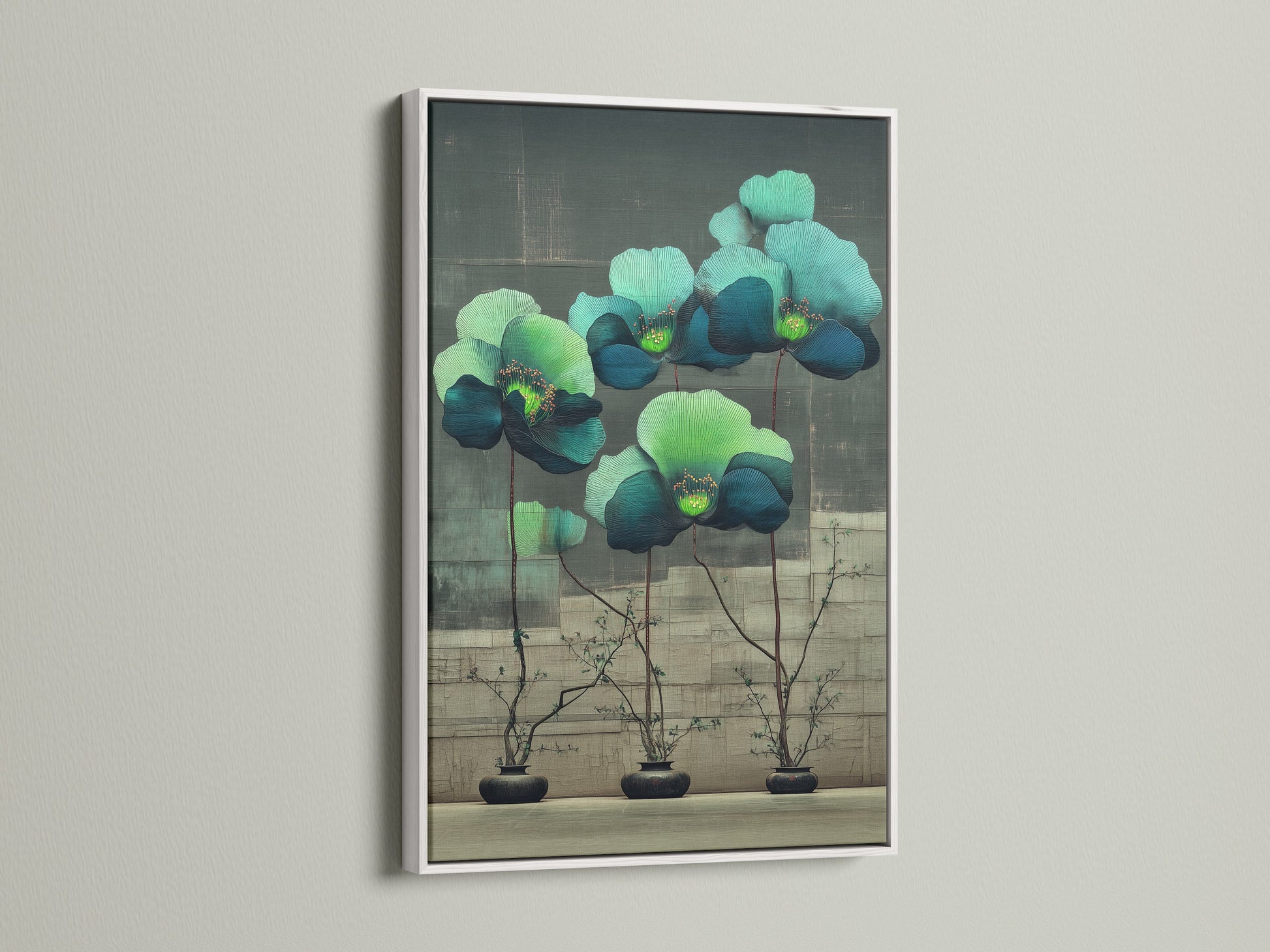 Modern floral botanical artwork with teal and green flowers displayed in a white frame. The white frame offers a clean and contemporary look. This flower artwork will brighten up any room in your home or office space.