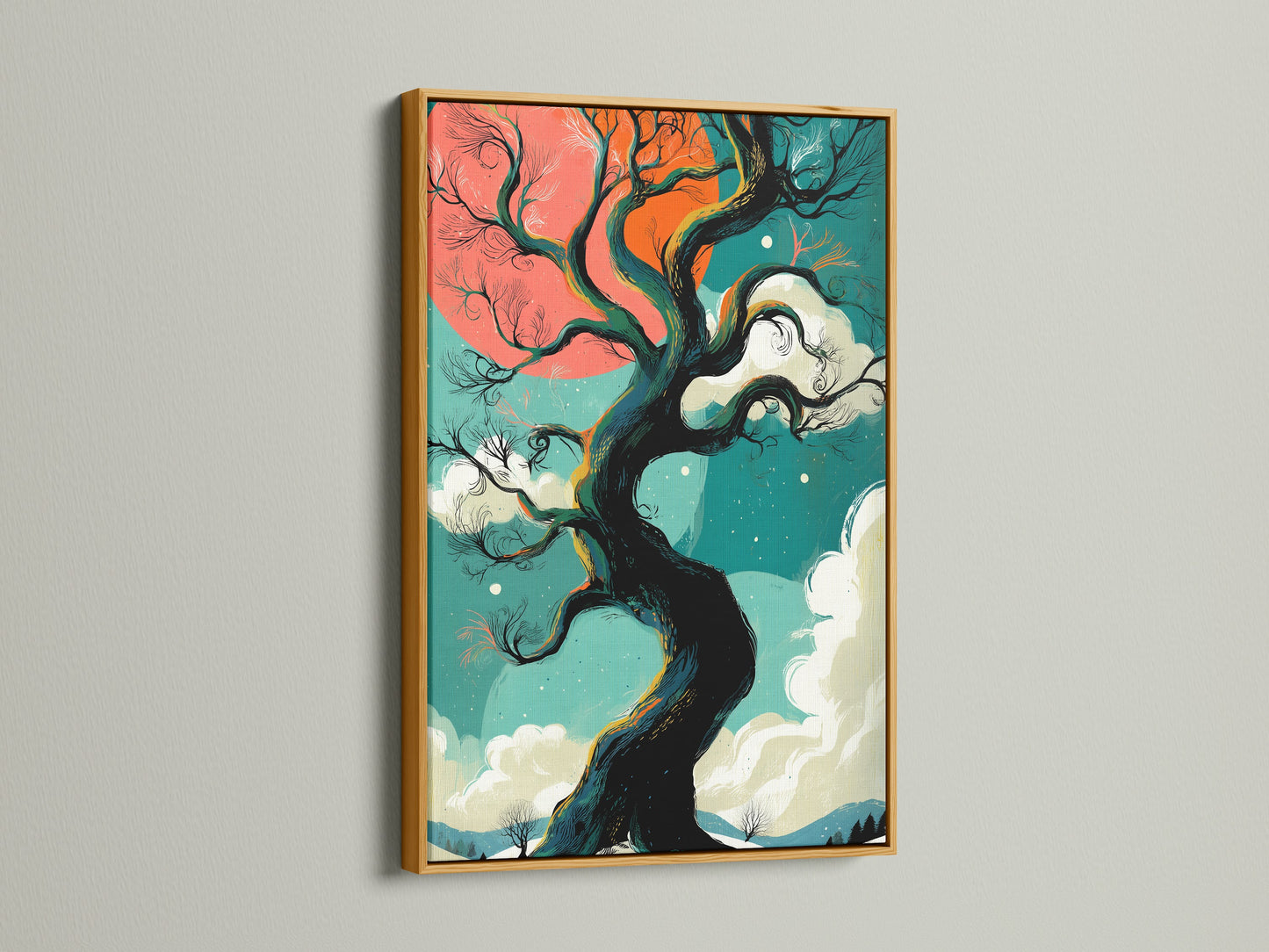 A gold frame enhances this winter tree artwork with a teal and coral sky. This fantasy landscape poster offers a touch of elegance. Brighten your bedroom with our seasonal nature artwork. Discover whimsical art.
