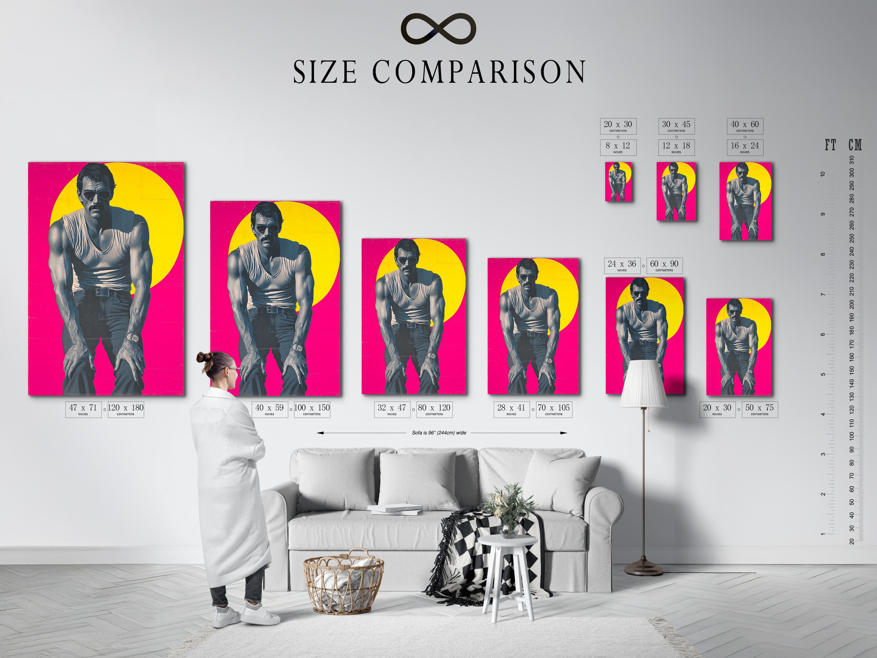 Size comparison chart displayed in an interior setting. Visualize the impact of this retro magenta pink wall art. Perfect for adding vintage man cave decor to your space. See how this pop art portrait fits your living room or bedroom wall.