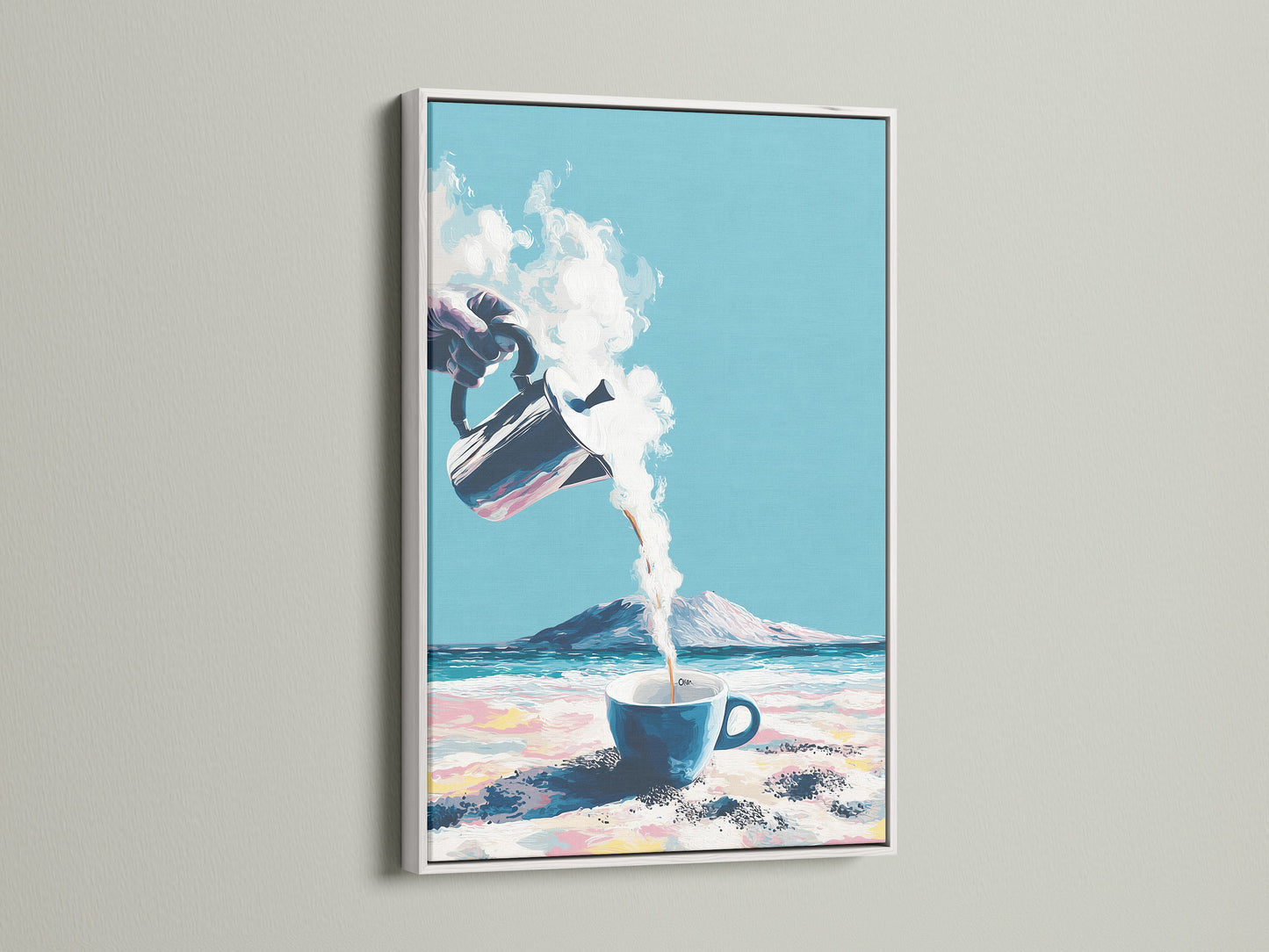 Coastal Coffee artwork with a white frame. Ideal kitchen wall decor. This cafe art print enhances any space. Imagine the beach while you enjoy your coffee. A perfect blend of coffee and ocean art.