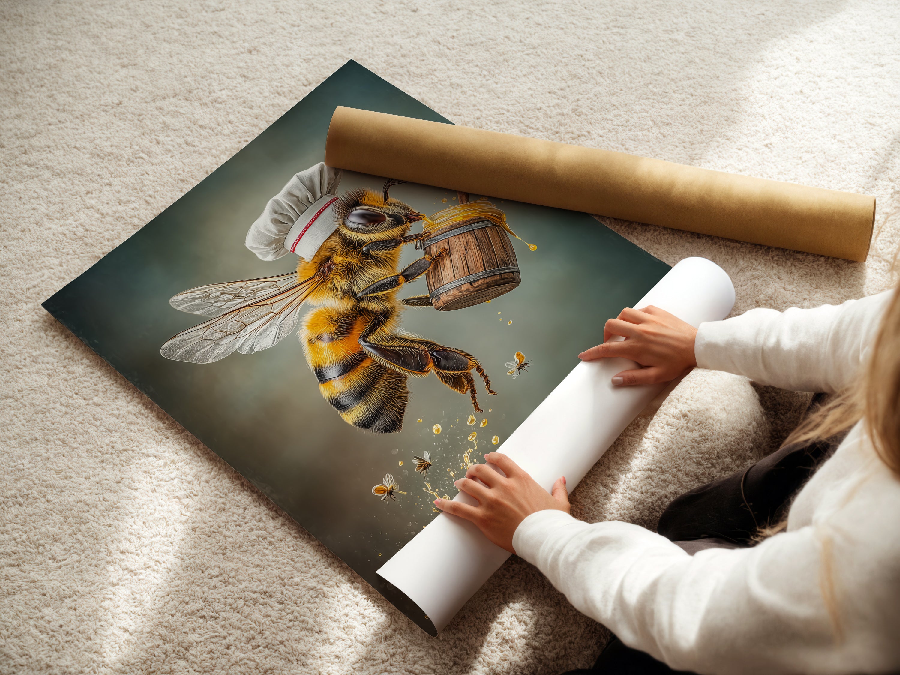 A woman is carefully rolling a fine art poster paper featuring the Chef Bee artwork. High-quality materials ensure a perfect print. Ideal for adding a touch of whimsy to your kitchen or dining room. Explore our art options today.