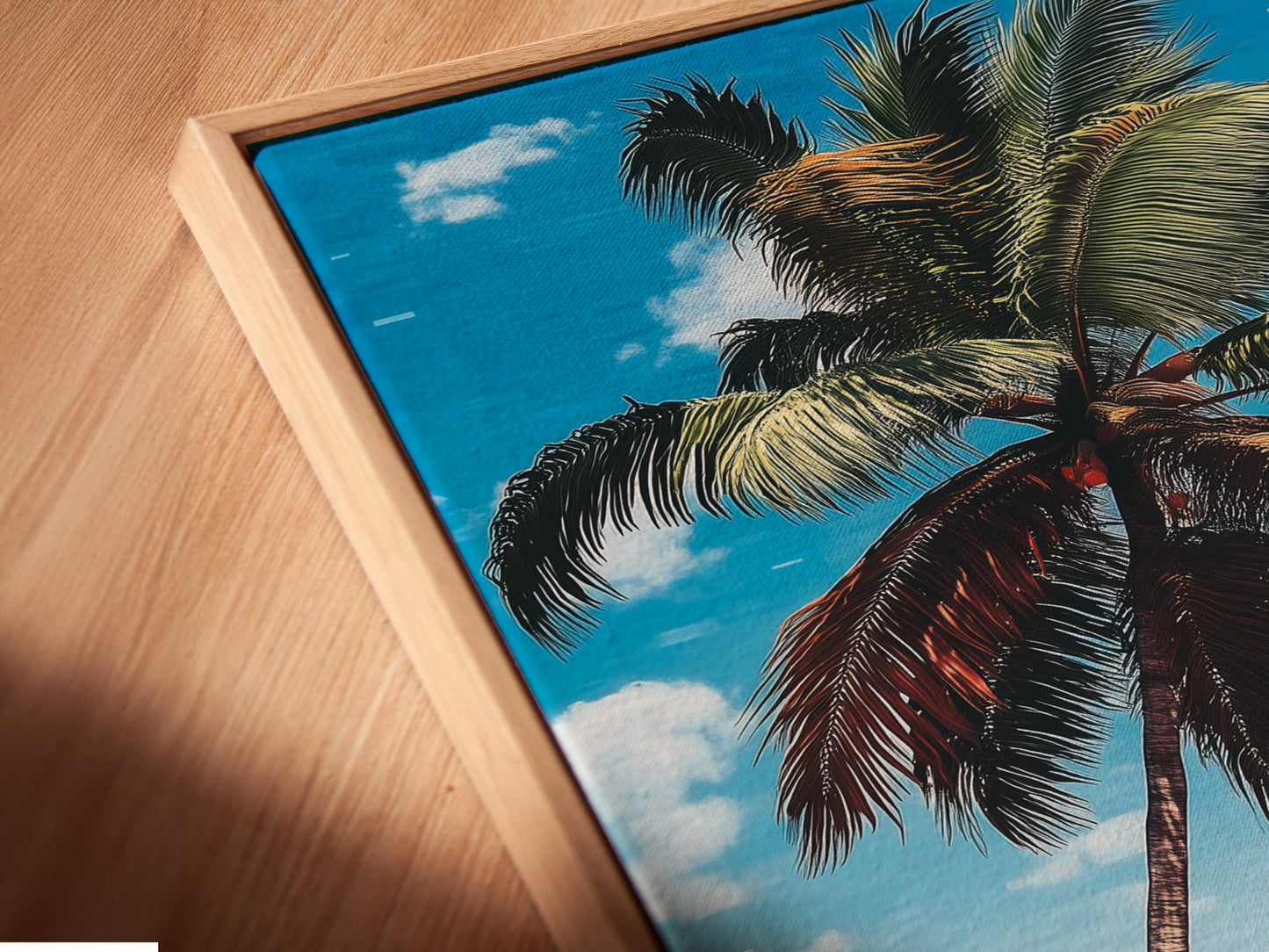 Angled close up of a canvas print in a floating frame. The tropical beach artwork features a palm tree pink sand and turquoise ocean. This coastal wall art enhances any space with summer vibes.
