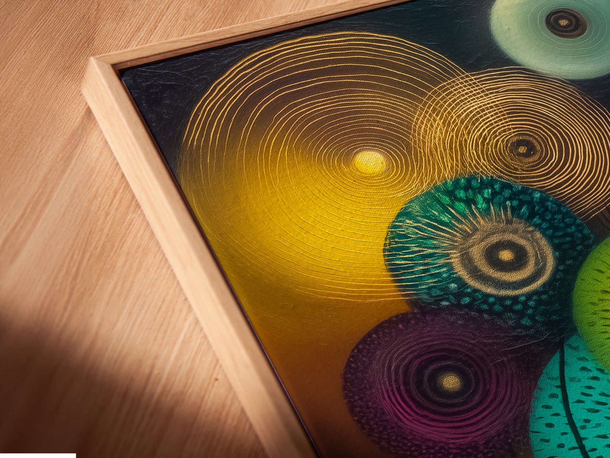 A close-up shot of a canvas print in a floating frame. The abstract floral art features teal and gold botanical elements. This modern nature artwork enhances any space. Perfect for adding a contemporary touch. This scandi decor piece is ideal for homes and offices.