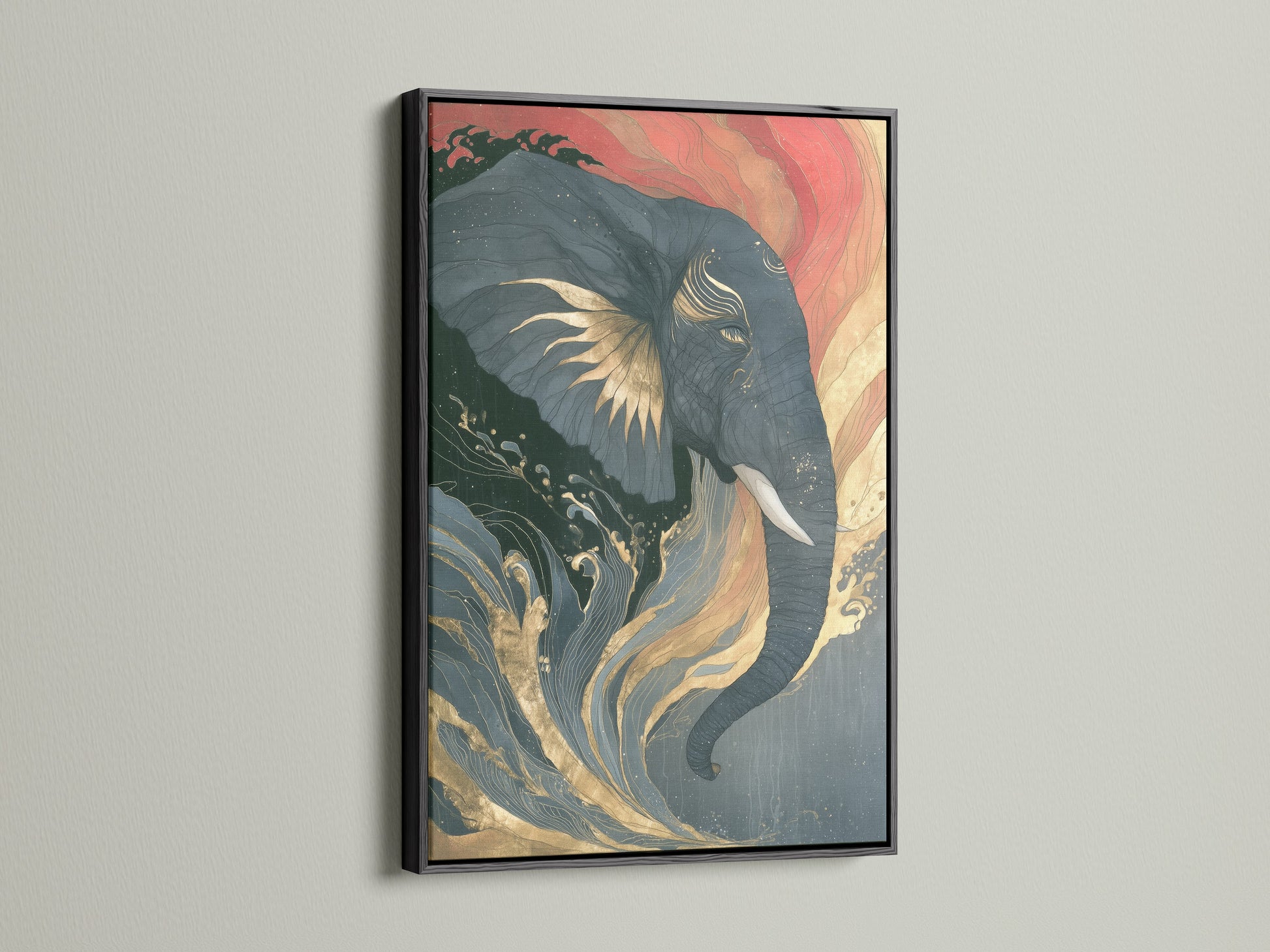 Elephant canvas print with Japanese wave art in a black frame. The animal wildlife poster adds coral pink and teal to your wall decor. This artwork is a modern Asian-inspired art for your home.
