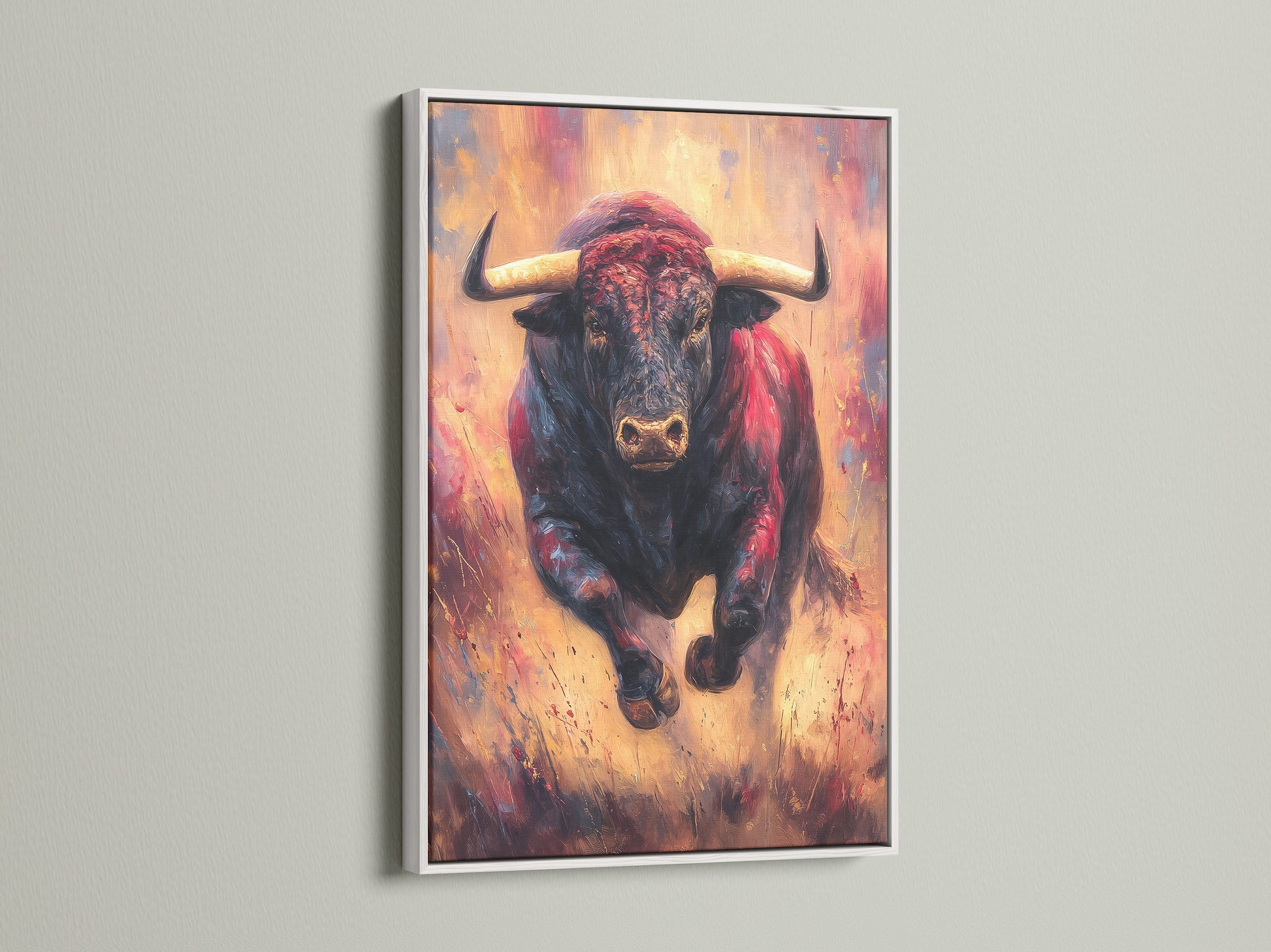 Artwork of a Bull in a white frame. The bright white color adds a clean look. The artwork stands out against the white backdrop. Our white frames offer a modern touch to any artwork. A timeless choice for your home.