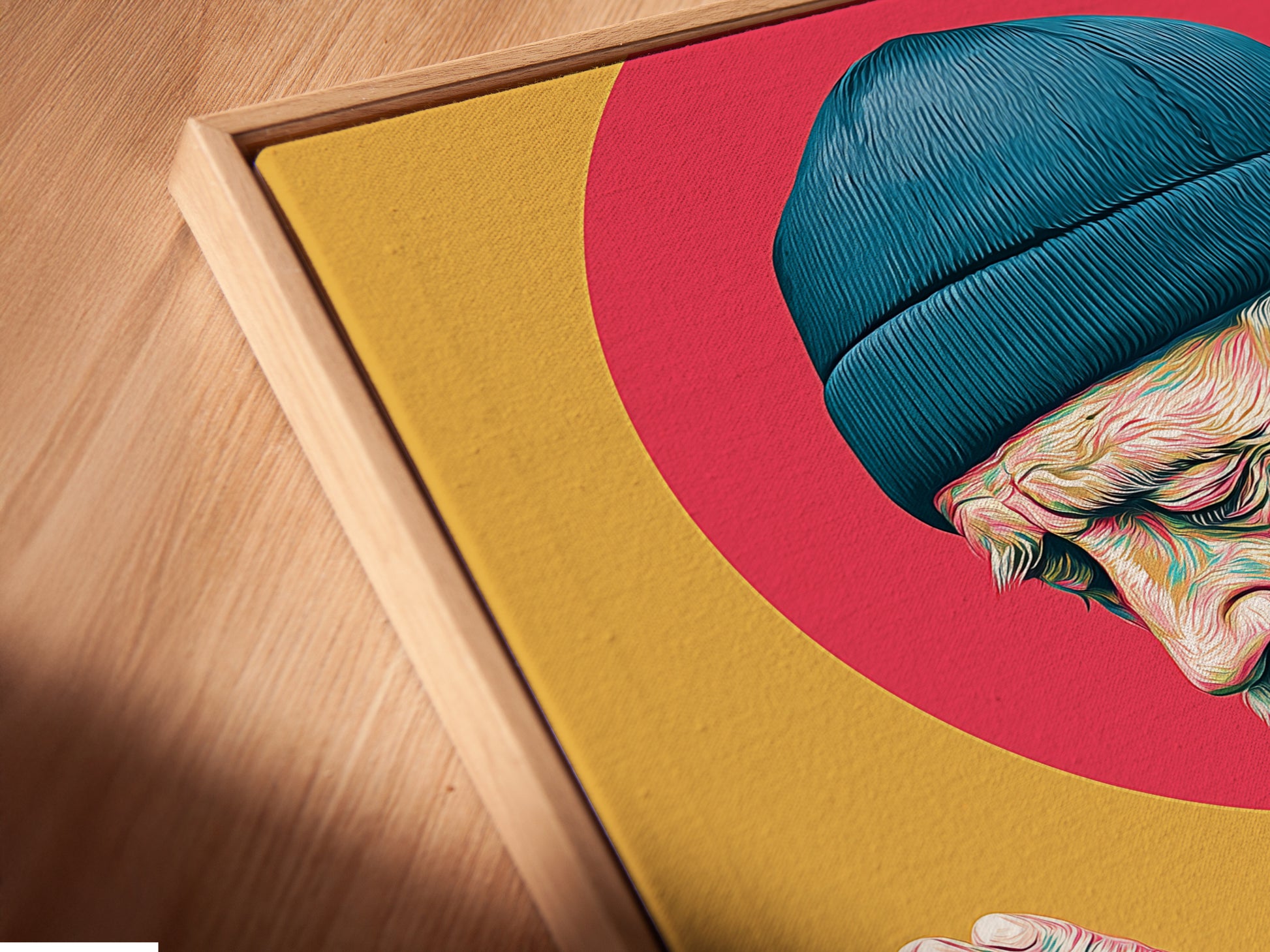 A close-up of the Praying Man canvas print in a floating frame. The angle highlights the artwork's intricate details. The teal and gold colors add depth. Perfect modern wall art for a serene space.