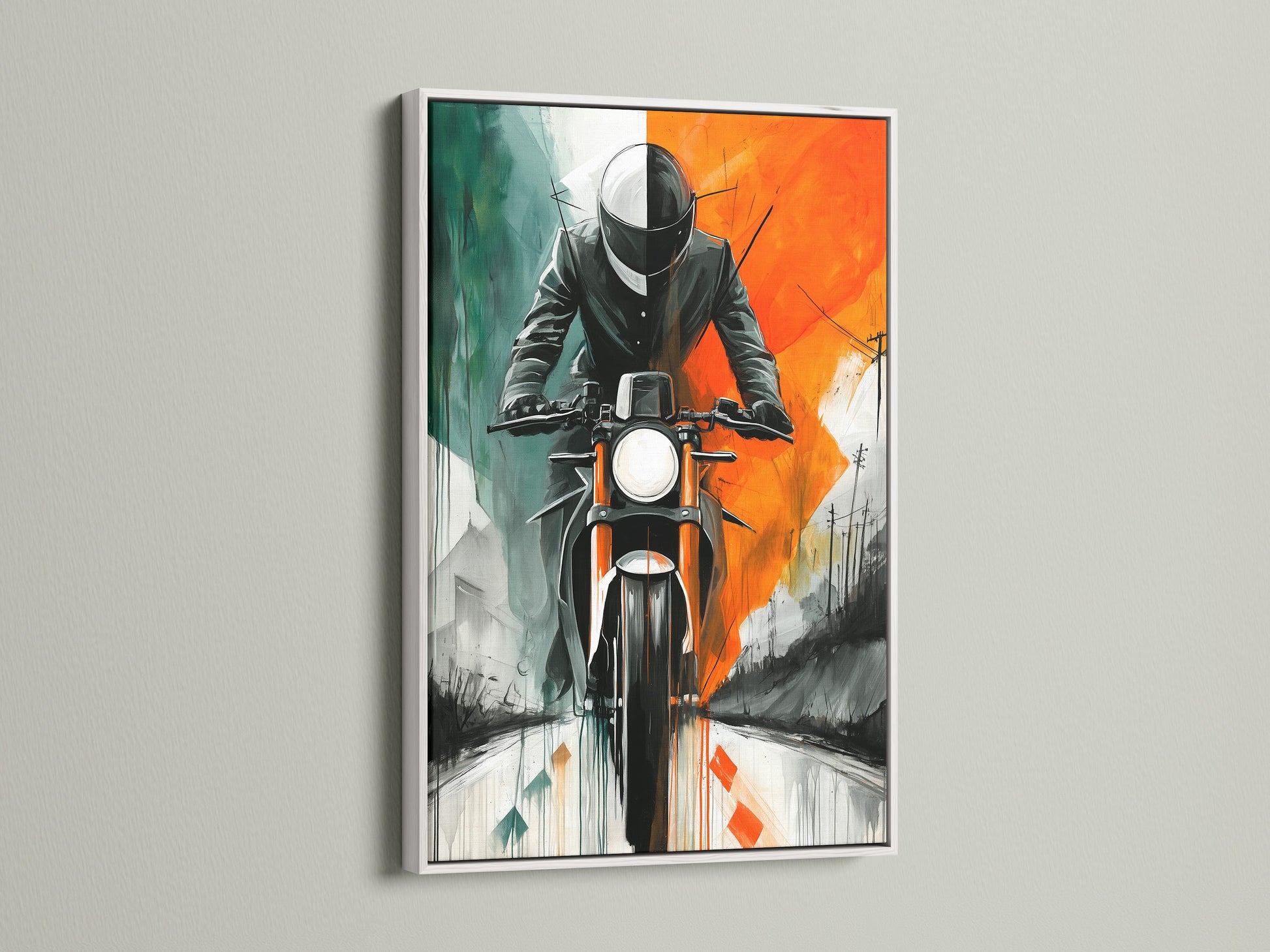 Retro Canvas Print with White Frame. A striking motorcycle art print is presented in a clean white frame. The vintage biker artwork brings a retro vibe to your home or office. This piece is perfect for those seeking impactful wall art.