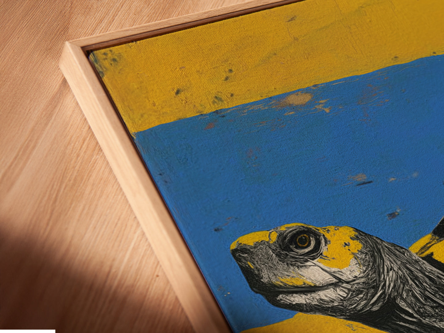 Close-up angled view of a canvas print in a floating frame. The artwork features a turtle wearing sneakers. This animal wall art adds a contemporary quirky touch to any room. Perfect for those seeking unique office decor. The art print features yellow and blue.