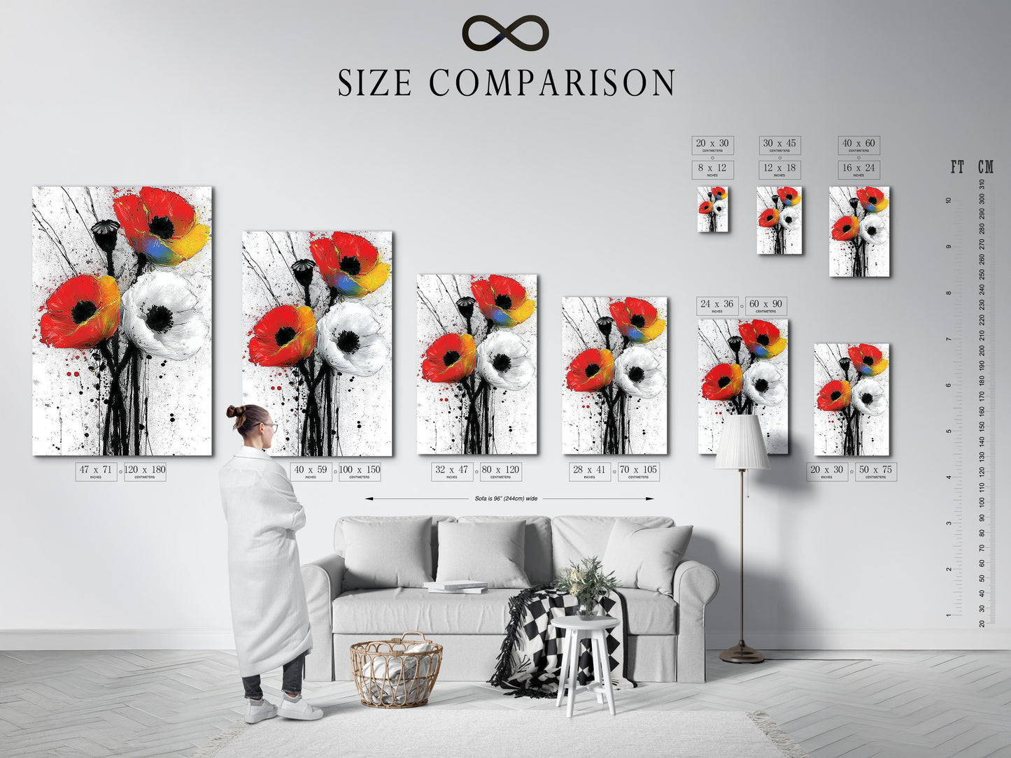 A size comparison chart displayed in an interior setting. The chart showcases various sizes of the Abstract Poppy artwork. See how the red and white floral print fits in different spaces. Perfect for planning your bedroom wall decor or living room wall art. Find the ideal size for your space.