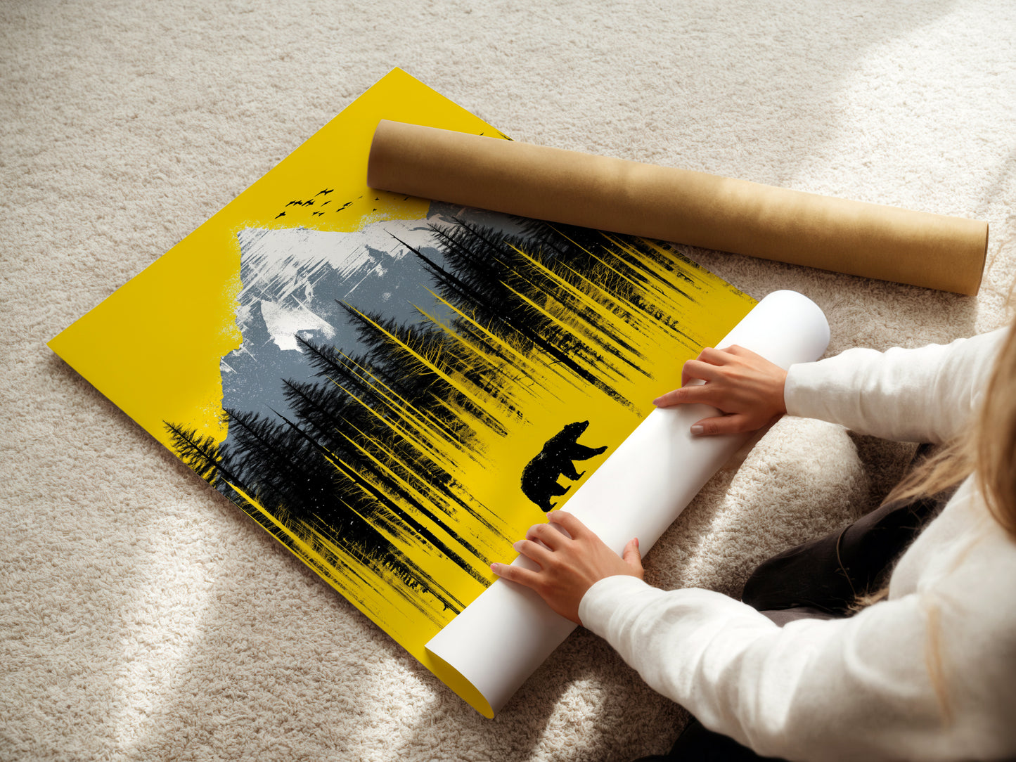 A woman carefully rolling a fine art poster paper of the Mountain Bear artwork. High-quality printing ensures vibrant colors. The yellow landscape wall art is ready to frame. Perfect for nature enthusiasts and collectors.