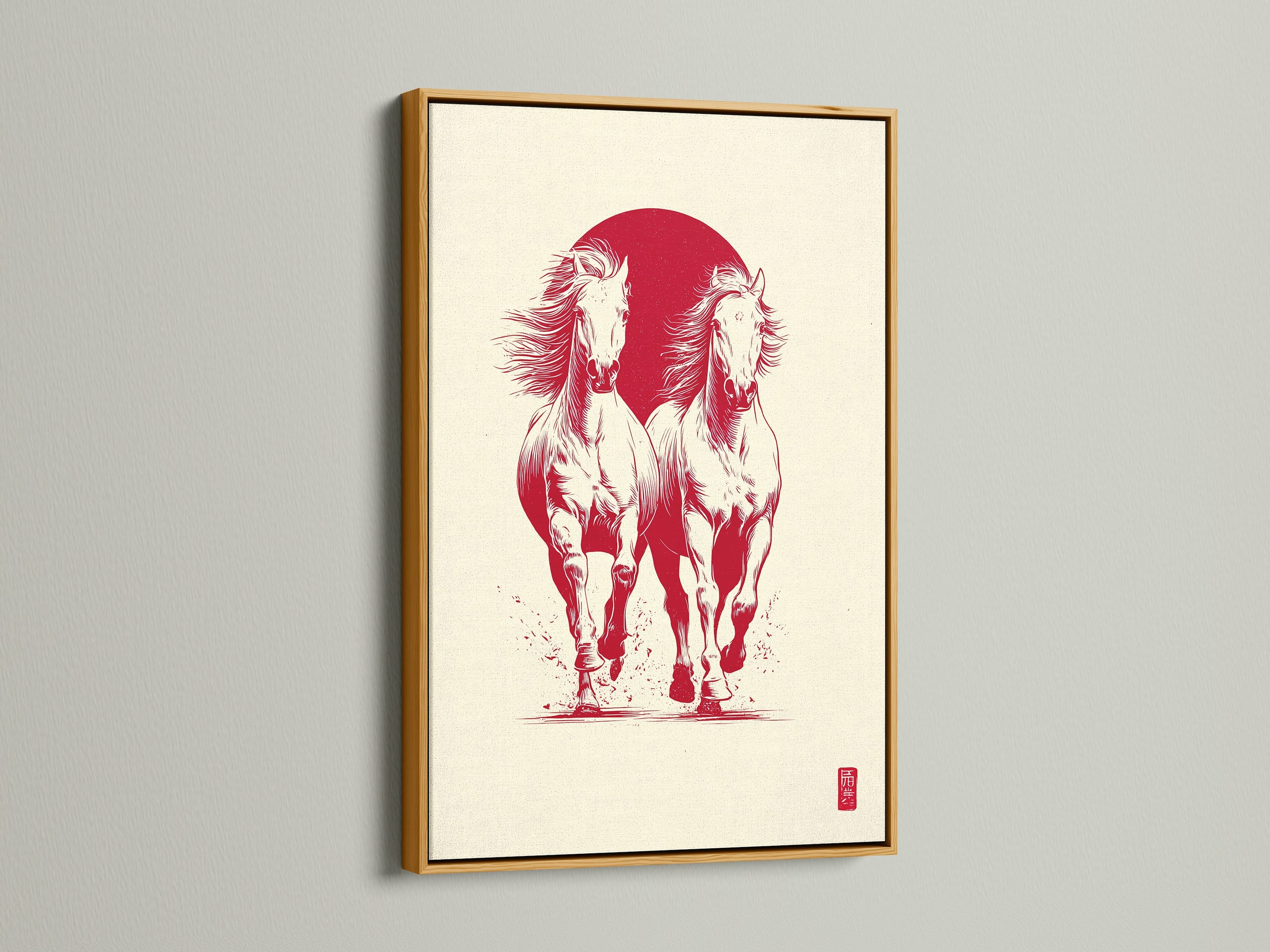 Artwork featuring two white horses running in front of a red sun. The art piece is displayed in a gold frame. The gold frame adds a touch of luxury and sophistication. It enhances the artwork's overall appeal.