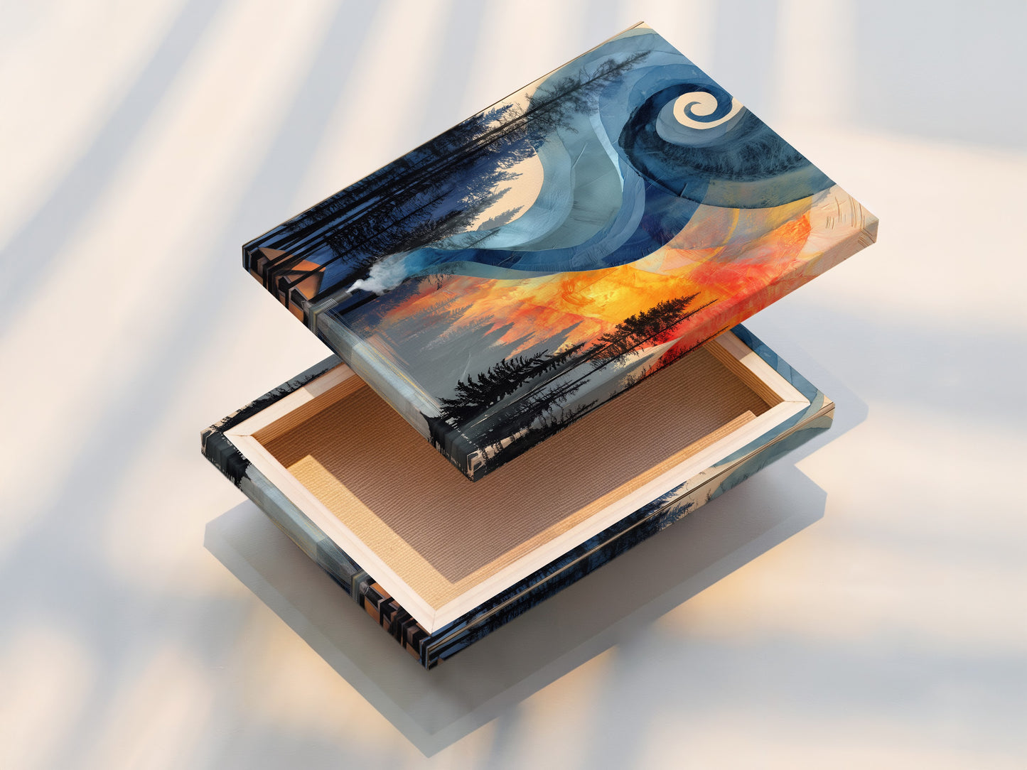 This is a stretched canvas print of a modern abstract landscape. The artwork is of a forest fire. This stretched canvas print is perfect for homeowners and those seeking contemporary designs.