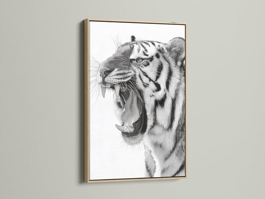 An oak frame showcases a striking tiger artwork. The natural wood grain of the oak complements the art. Its neutral tone ensures it will suit many interior styles. Perfect for adding a touch of nature-inspired elegance to your walls.