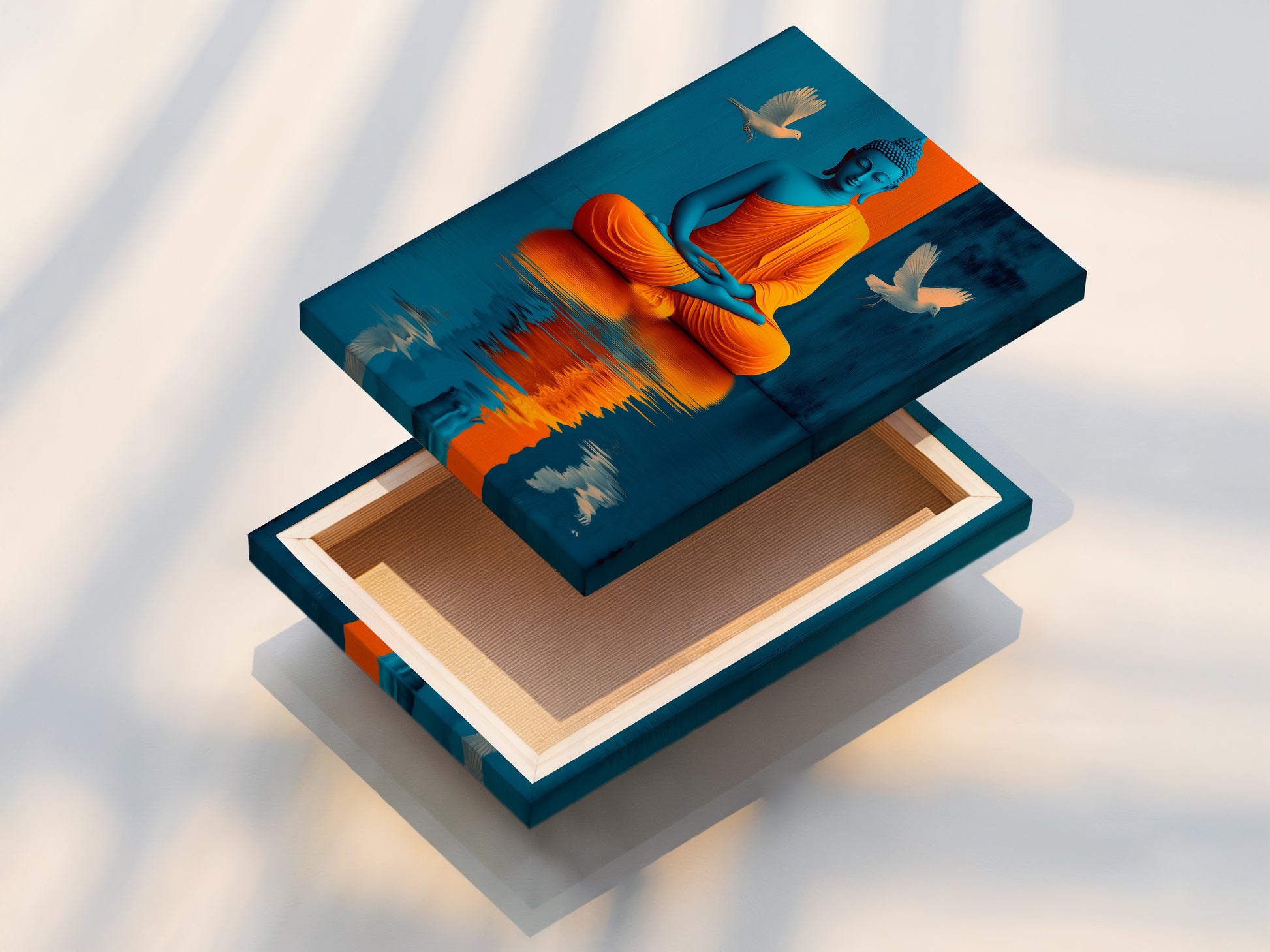 Discover the beauty of our stretched canvas print. The Buddha artwork is displayed in vibrant teal and gold. This spiritual zen decor is perfect for any room. Add a touch of peace and harmony to your space. Enjoy the high-quality craftsmanship of our canvas prints.