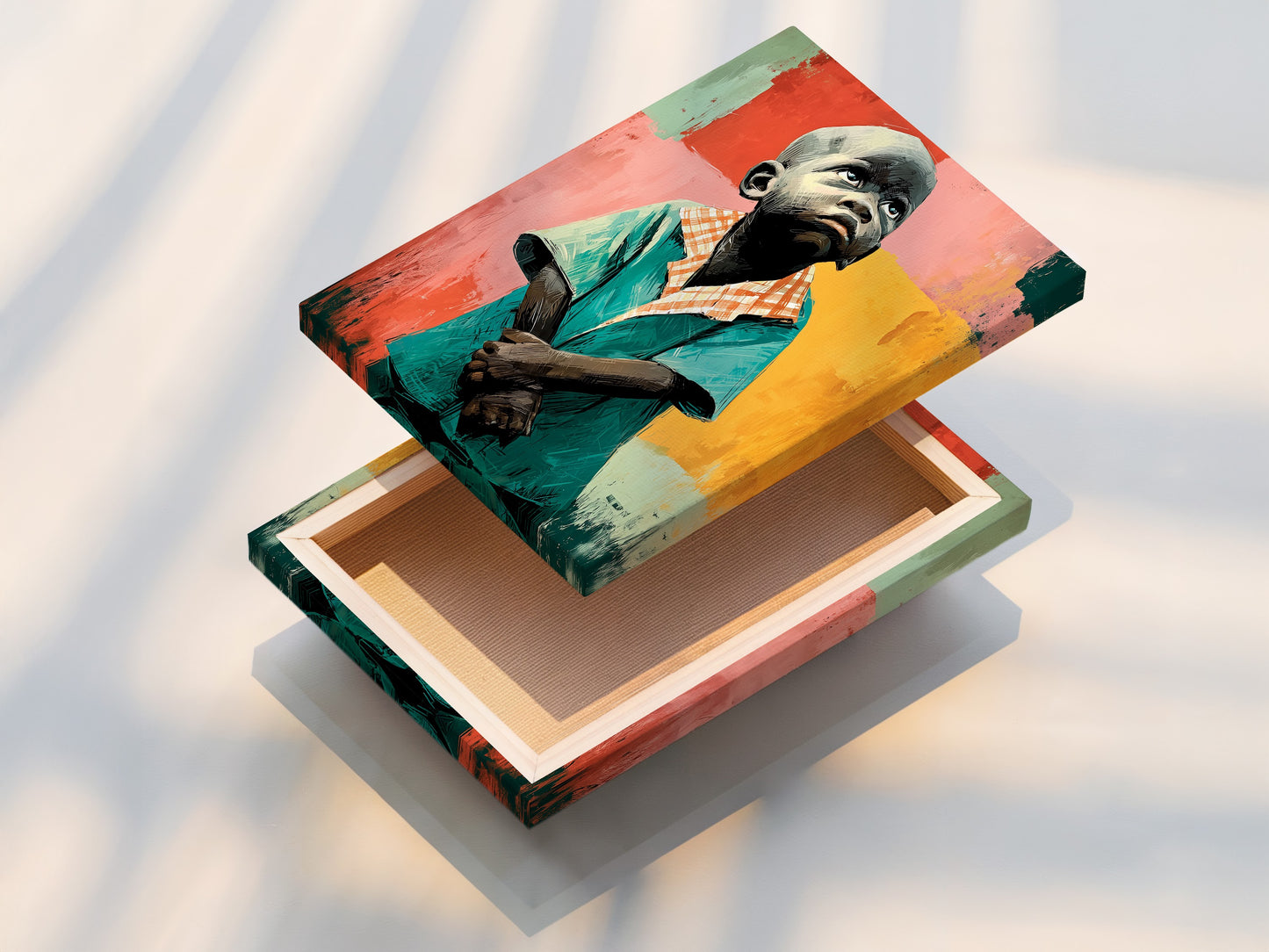 A stretched canvas print of the Thoughtful Boy artwork is displayed. The stretched canvas provides a gallery-wrapped look. It is ready to hang and enjoy. This modern wall art is perfect for any space. The emotional portrait is vibrant on the stretched canvas.