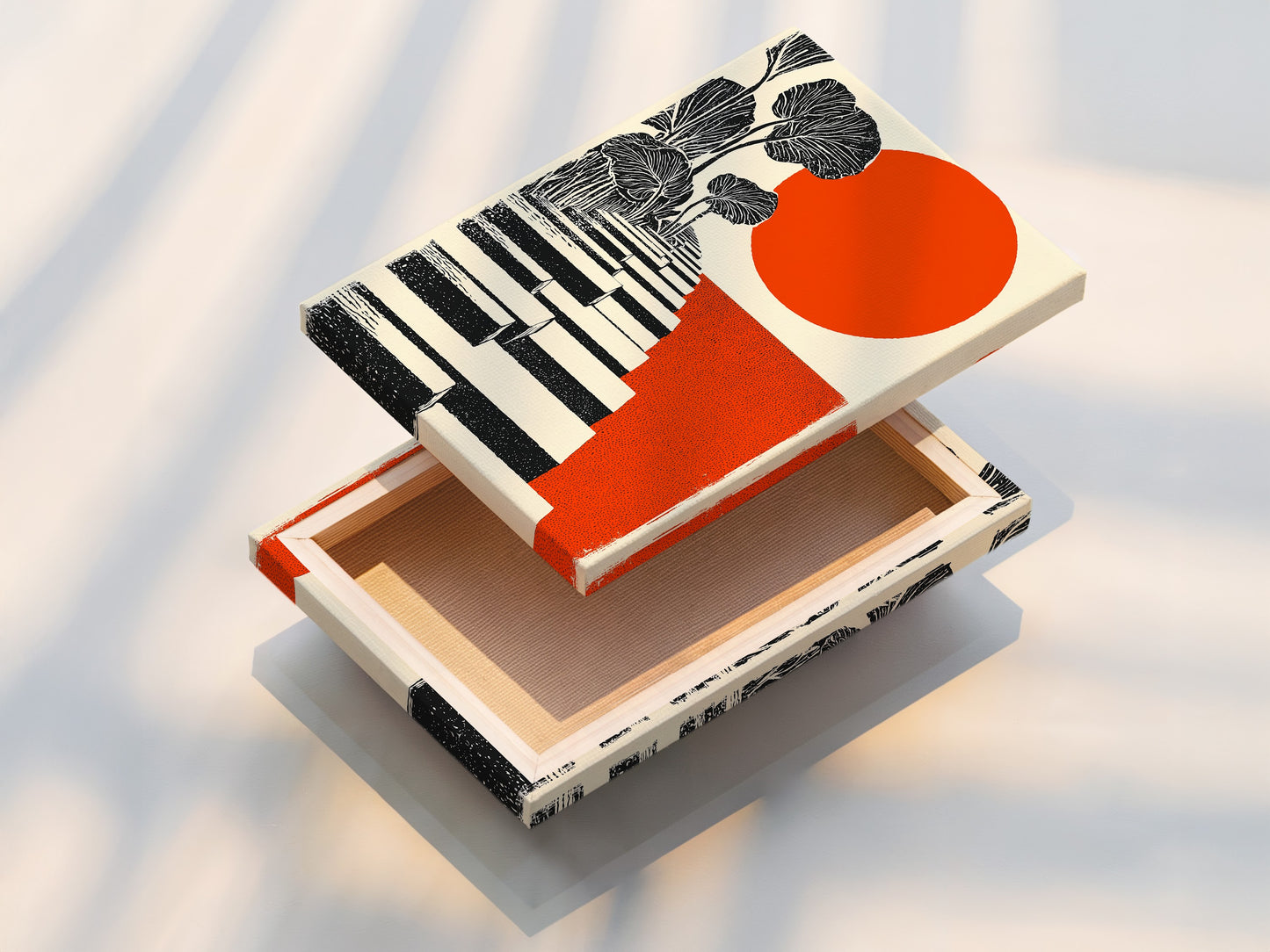 A stretched canvas print of the Botanical Steps artwork is displayed. This orange sun wall art is a modern and stylish addition to any room. Perfect for living room bedroom or office decor. The stretched canvas enhances the artwork's contemporary aesthetic.