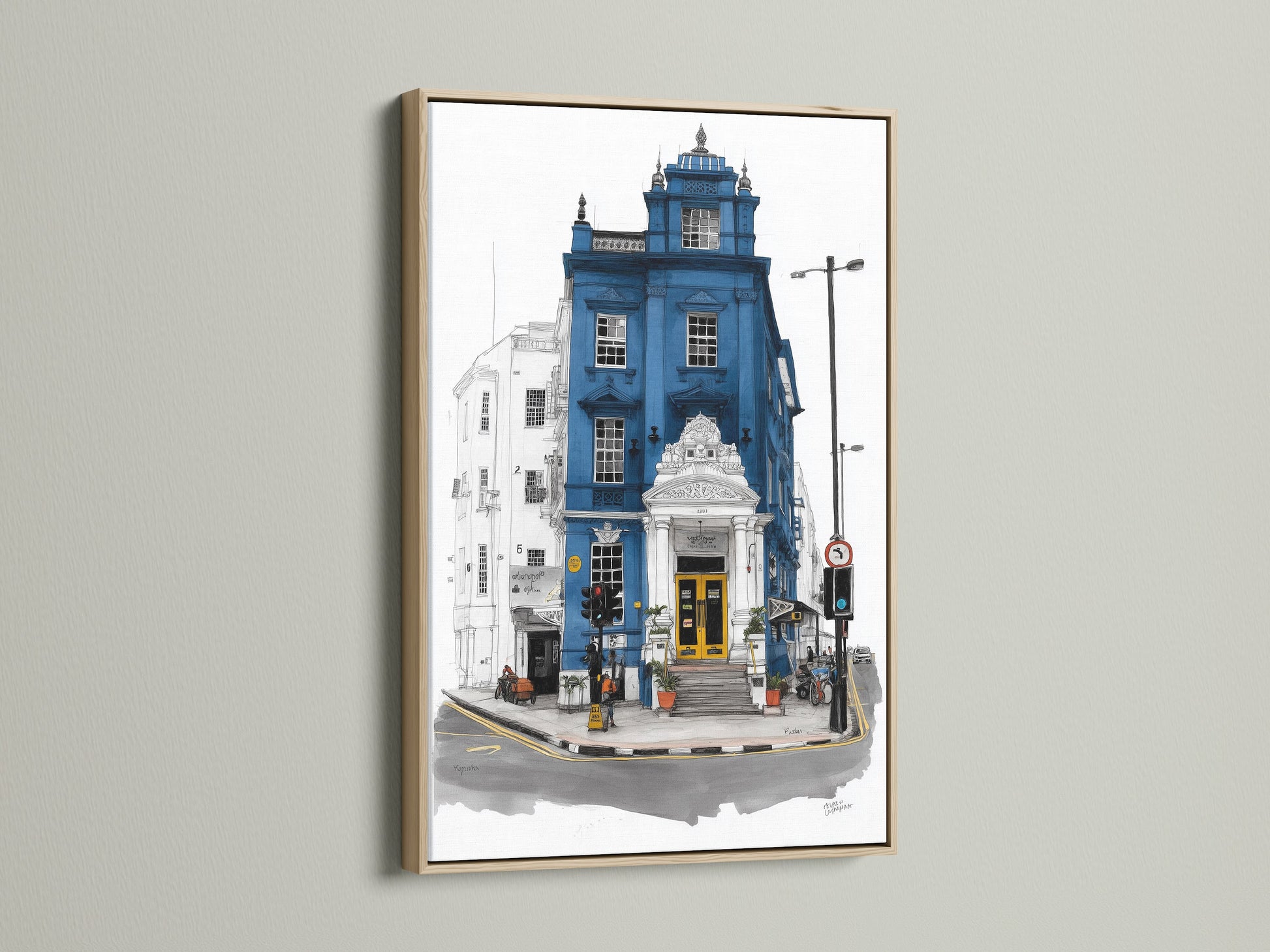 London Architecture Art in an oak frame. This cityscape canvas showcases a blue building with a yellow door. Enhance your space with this refined modern wall art. It complements minimalist and contemporary styles.