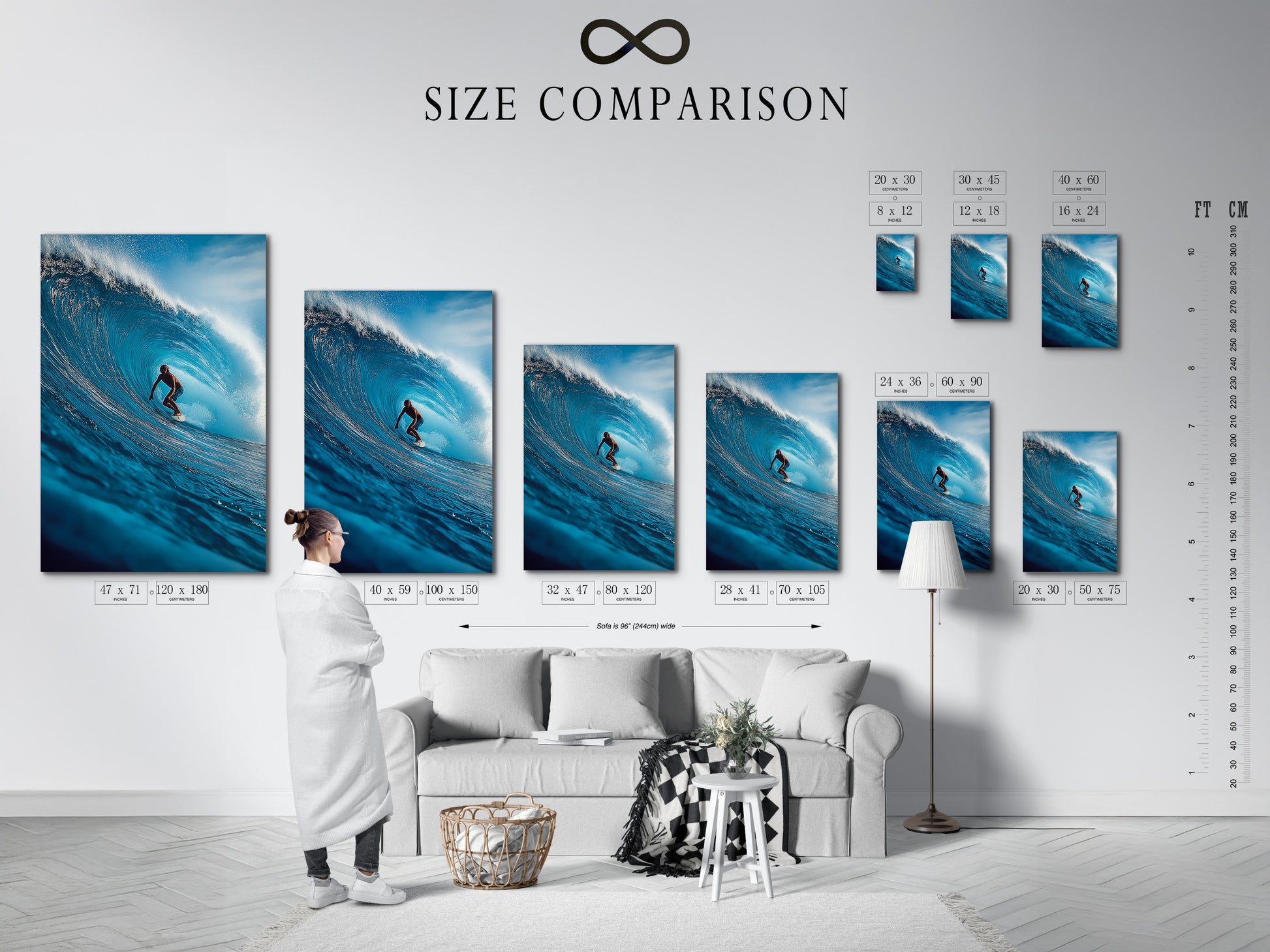 A size comparison chart in an interior shows the options. See how each size fits in a room. Choose the perfect size for your space. Plan your wall decor with this chart. Visualize your artwork.