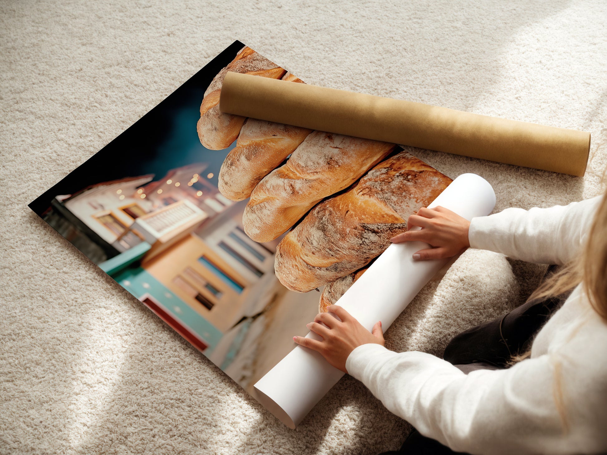 A woman is carefully rolling a fine art poster paper. Preparing it for a Fresh Bread Canvas Print. This highlights the care in producing rustic kitchen art. Ensures high quality food photography.