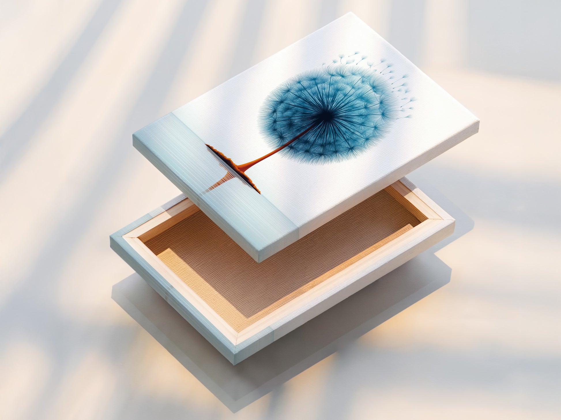 A stretched canvas print showcases dandelion teal blue botanical artwork. Ready to hang and enjoy. Ideal for minimalist floral artwork in any room. Perfect for bedroom decor. Complements scandi style or calming art.