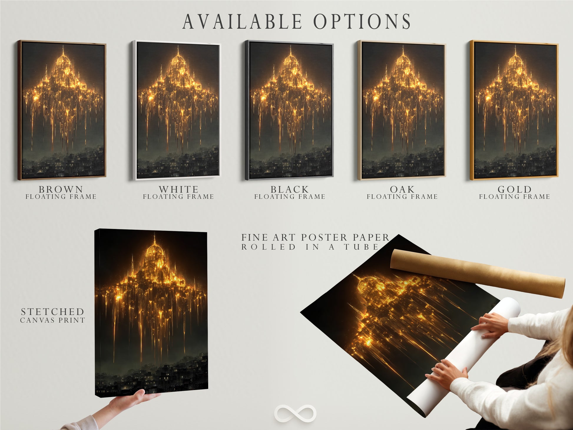 Available options include a stretched canvas print fine art poster paper and a floating frame. Choose how you want your gothic cathedral art. This mystical wall art is ideal for dark academia decor. Enjoy the fantasy architecture and golden light art. Enhance gothic wall decor.