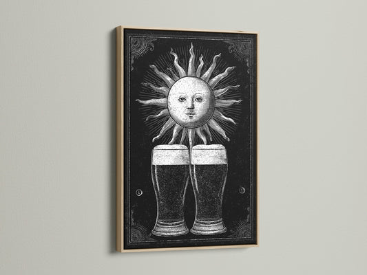 A framed print is showcased with an oak frame. The artwork features a vintage sun illustration. The art print shows two glasses of beer beneath the sun. Oak frames offer a natural touch to your artwork.