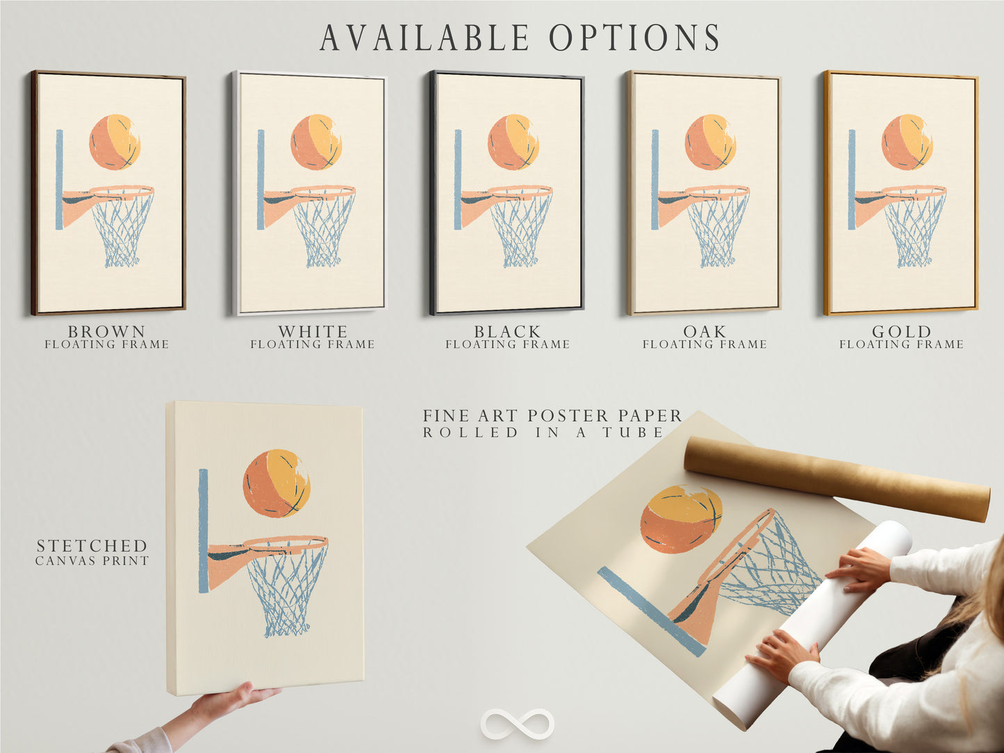 Available options include a stretched canvas print a fine art poster paper and a floating frame. This image shows the different ways customers can customize their artwork. Each option offers a unique aesthetic.