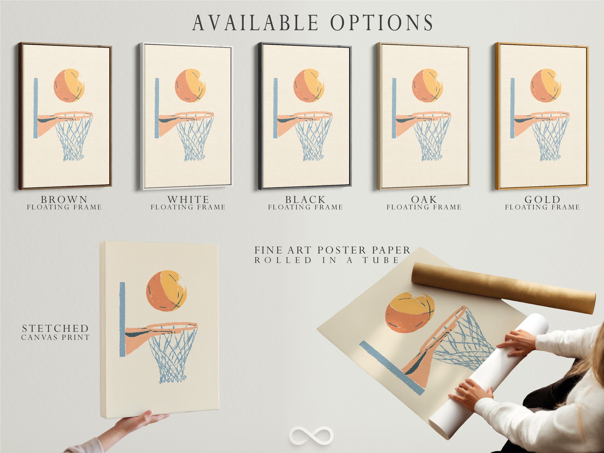 Available options include a stretched canvas print a fine art poster paper and a floating frame. This image shows the different ways customers can customize their artwork. Each option offers a unique aesthetic.