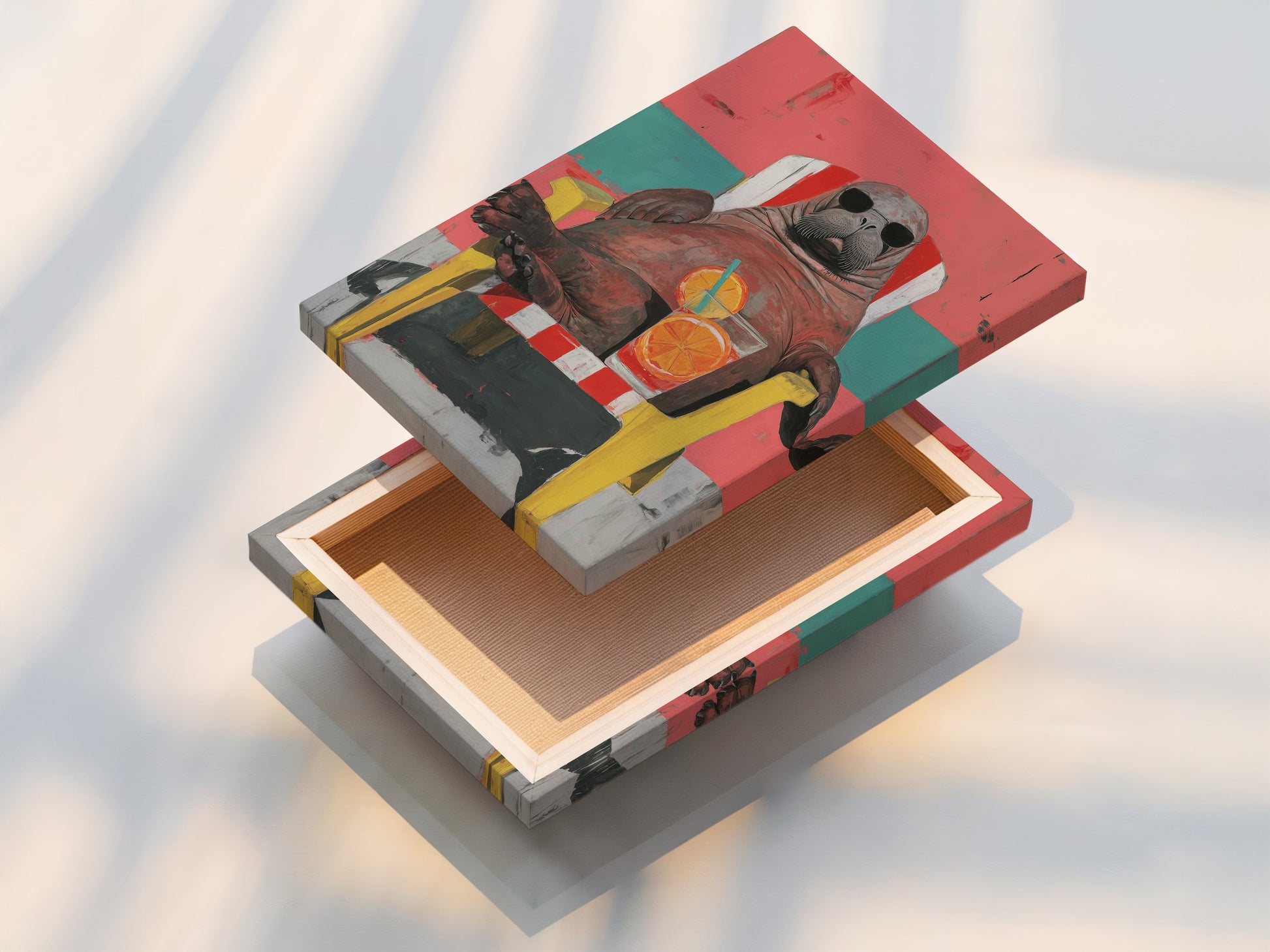 This image features a stretched canvas print. It showcases the Walrus Wall Art Print. This quirky animal art offers retro summer vibes. The canvas is perfect for beach house decor. The artwork brings a touch of coastal charm to any home. The stretched canvas enhances the art's visual impact.