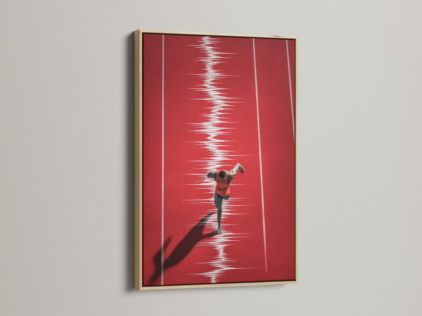 Artwork of a runner in an oak frame. The oak frame offers a natural and timeless aesthetic. This frame enhances the artwork with its warm tones. Perfect for any room. Shop our oak-framed art today.