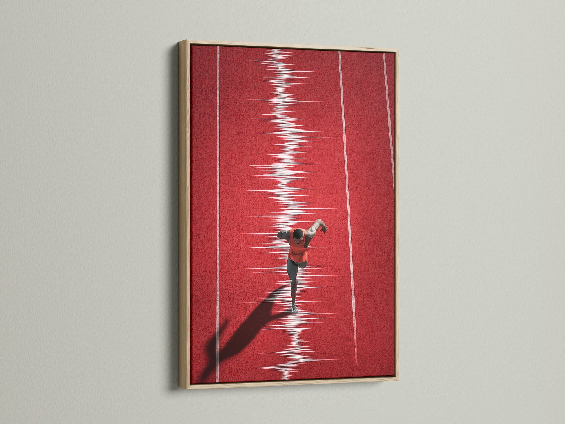 Artwork of a runner in an oak frame. The oak frame offers a natural and timeless aesthetic. This frame enhances the artwork with its warm tones. Perfect for any room. Shop our oak-framed art today.