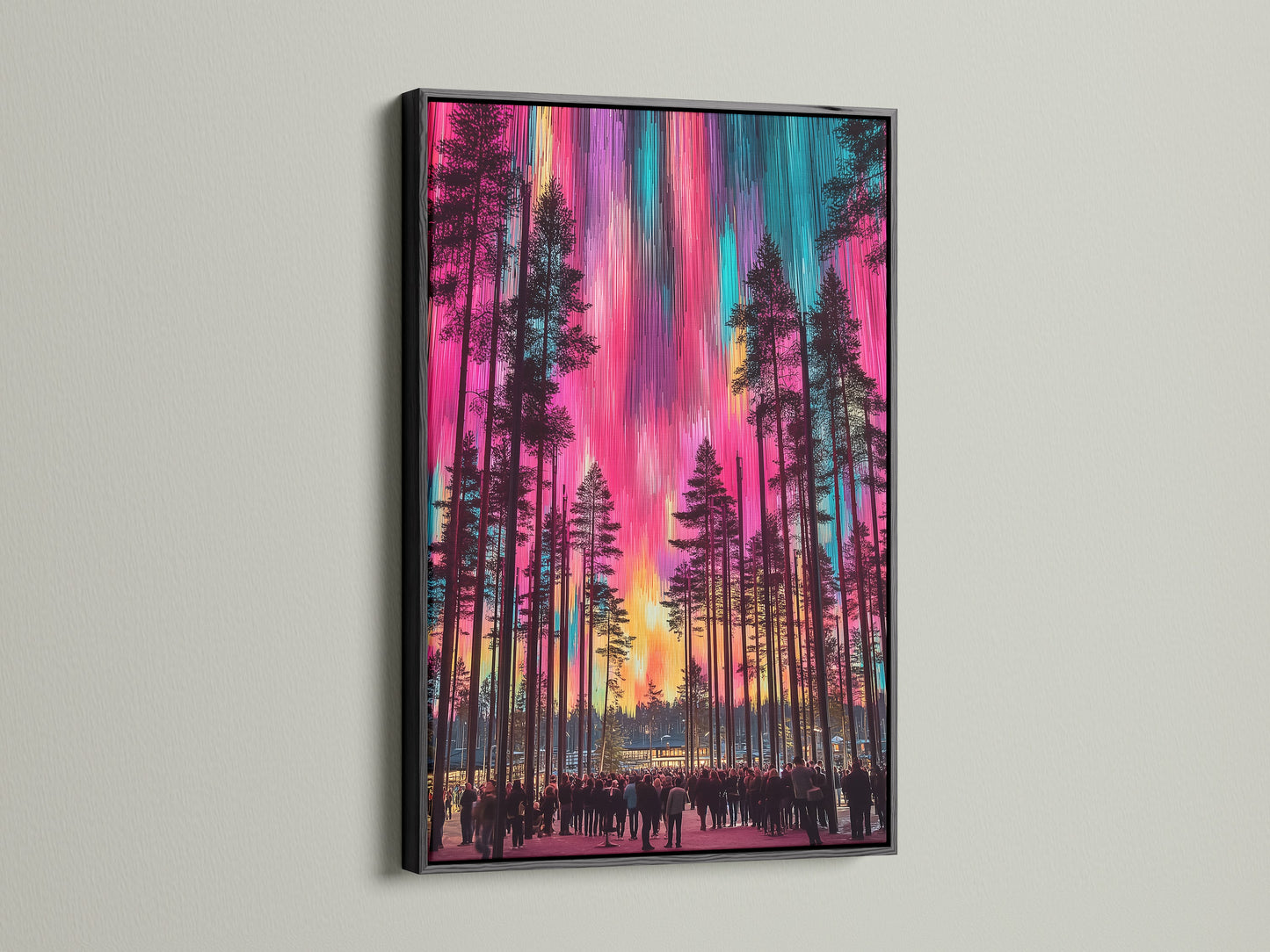 Aurora Borealis colorful forest poster in a black frame. This landscape art captures the beauty of the northern lights. Perfect for adding a vivid touch to minimalist or eclectic styles. A stunning piece of wall decor.
