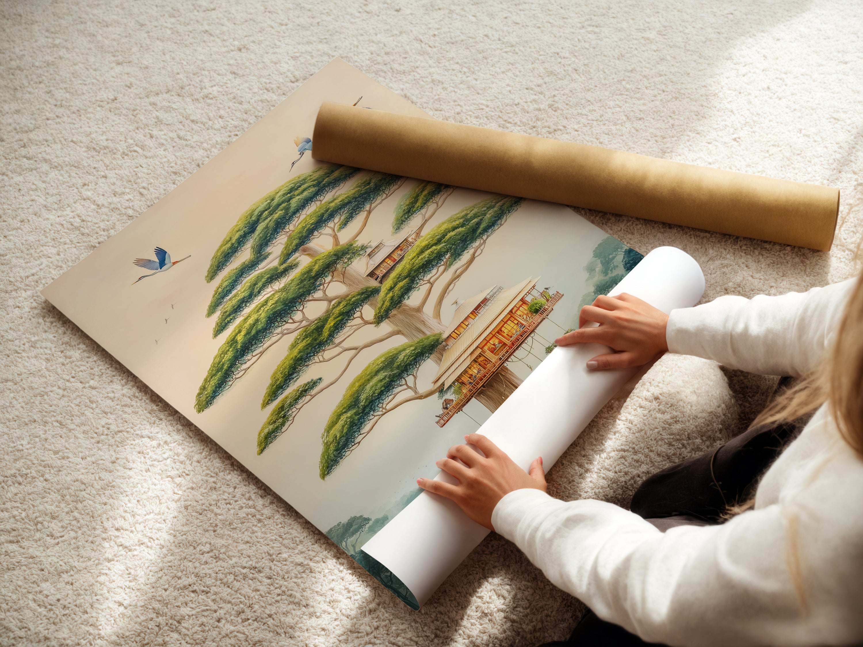 A woman carefully rolling a fine art poster paper featuring the Japanese Bonsai Tree House art. This zen wall artwork is perfect for framing. The fantasy tree canvas print adds peace to any space. Explore our Asian-inspired artwork today.