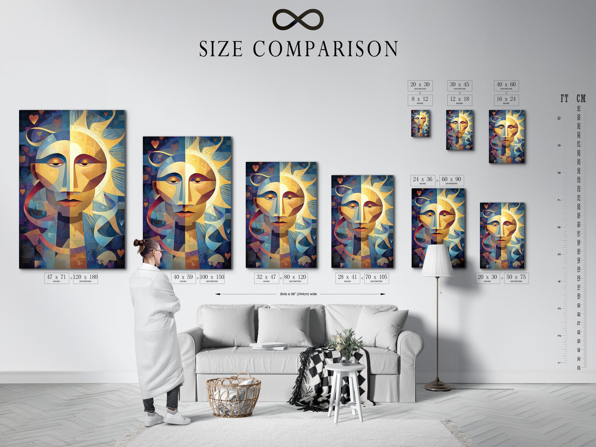 A size comparison chart displayed in an interior setting. Visualize how different art print sizes fit your space. Use this chart to make informed decisions for your artwork. Find the perfect dimensions to enhance your home decor.