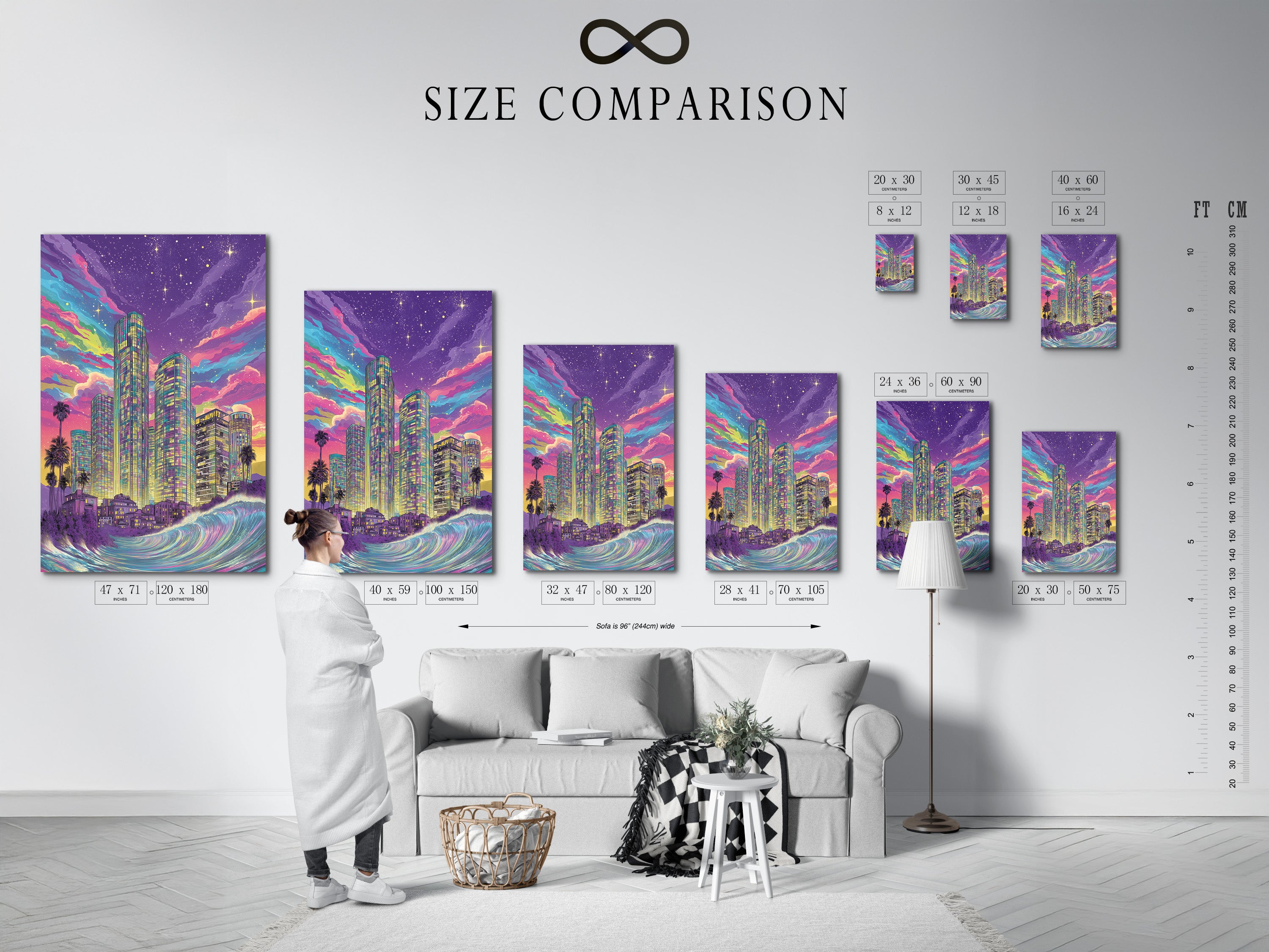 Size comparison chart in an interior setting. See how our synthwave cityscape artwork fits. This neon wall art features a purple skyline. Visualize the retro futuristic ocean wave art. Perfect for any room size.