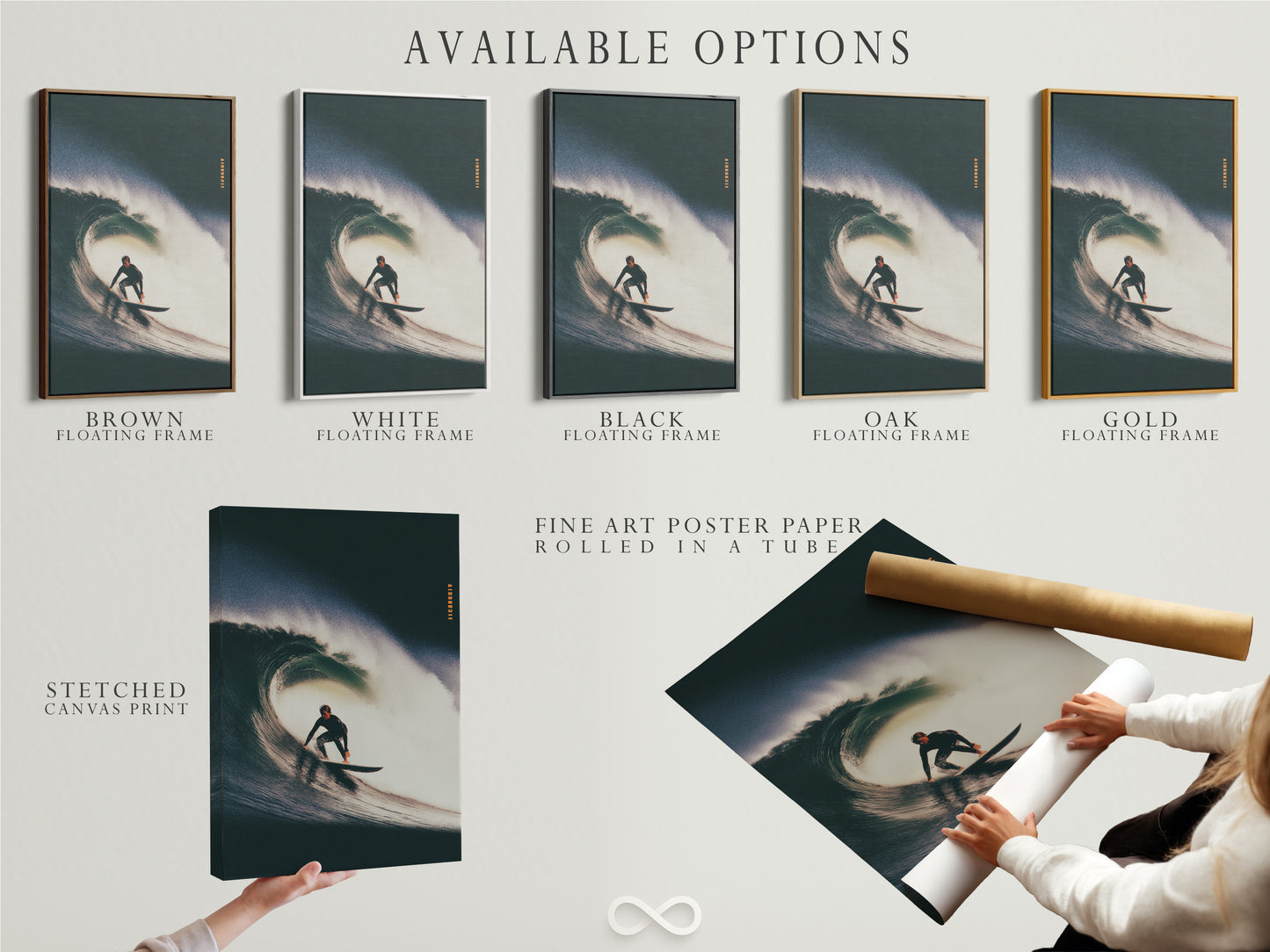 Available options are showcased. The options include stretched canvas prints. Fine art poster paper is available. Floating frames are shown. Choose the perfect presentation for your artwork. Customize your artwork display.