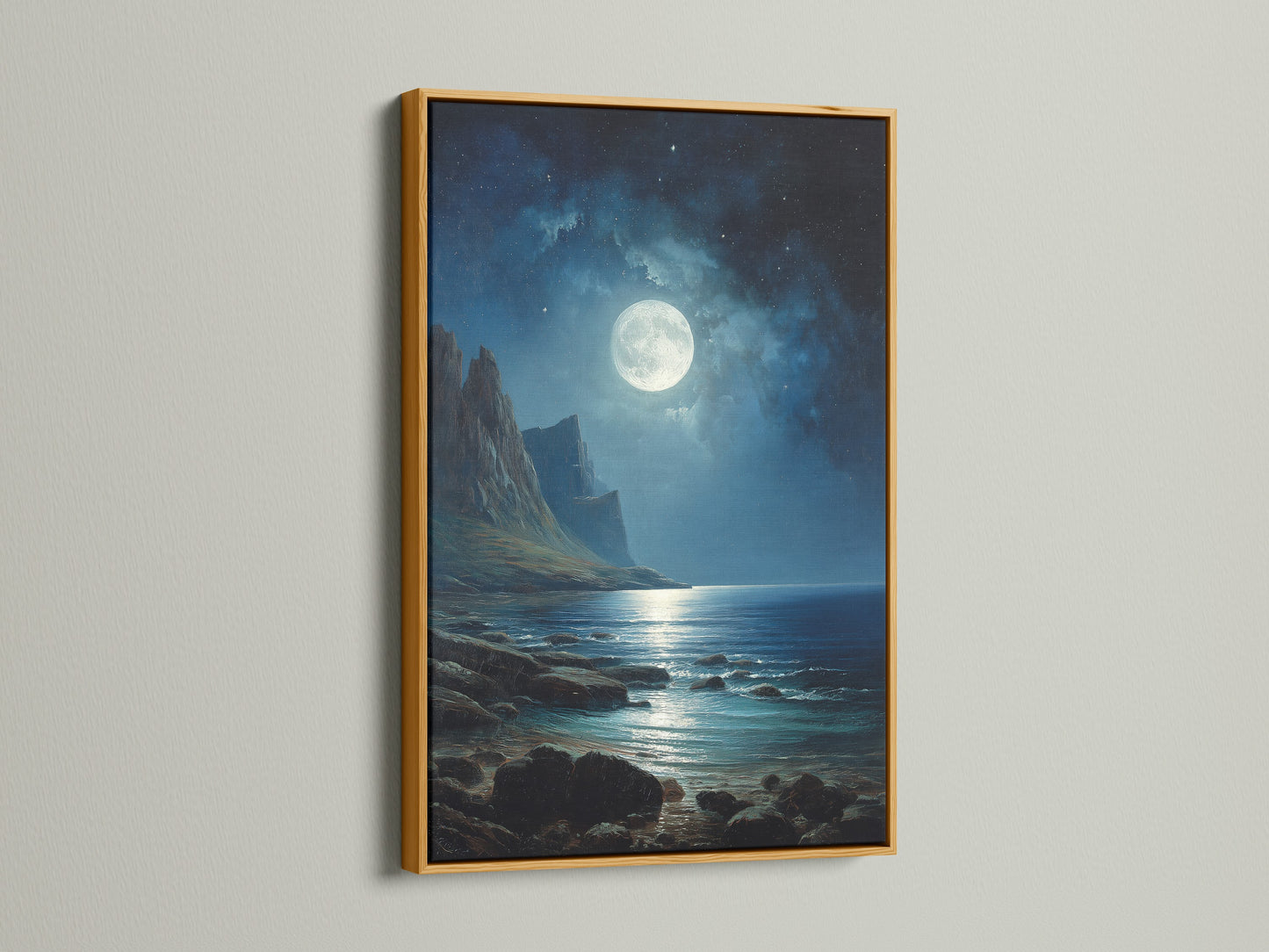 This artwork showcases a serene moonlit seascape. It is encased in a beautiful gold frame. The gold frame adds a touch of luxury and elegance to the artwork. This framed artwork brings a warm and sophisticated feel to your space. The gold frame complements the artwork.