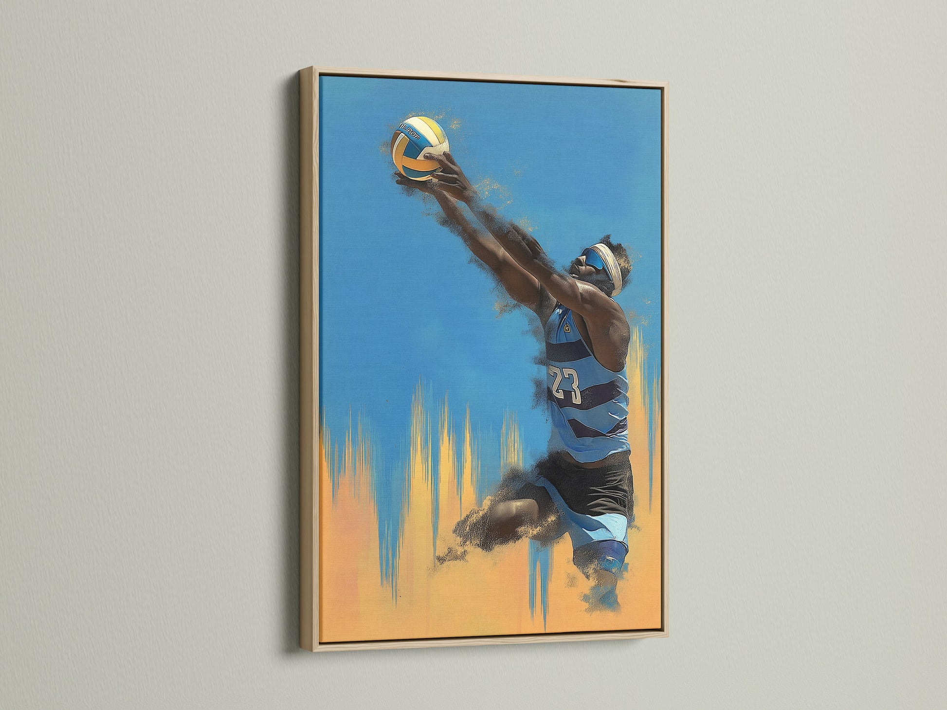 Volleyball Player Canvas Art displayed in an oak frame. Blue and orange sports artwork. Ideal for a teen room or game room. The oak frame adds a touch of natural elegance.