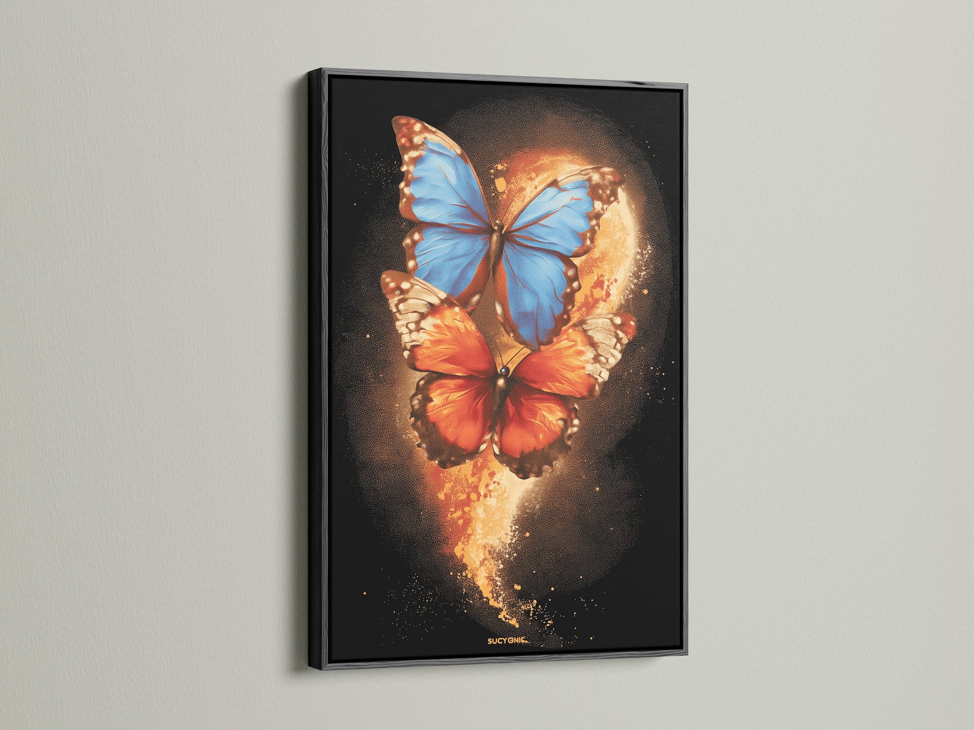 This image displays a butterfly canvas print set in a sleek black frame. The blue and orange insect wall art stands out. The modern artwork is perfect for creating a sophisticated look. Suitable for living rooms bedrooms or offices.
