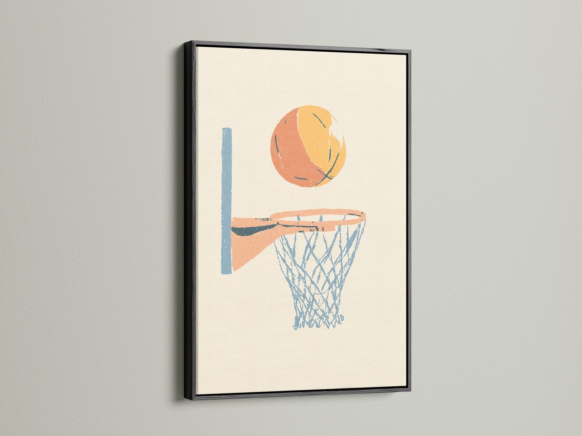 Artwork featuring a basketball above a net is displayed in a black frame. The sleek black frame provides a bold and contemporary feel. It makes the colors in the artwork pop.