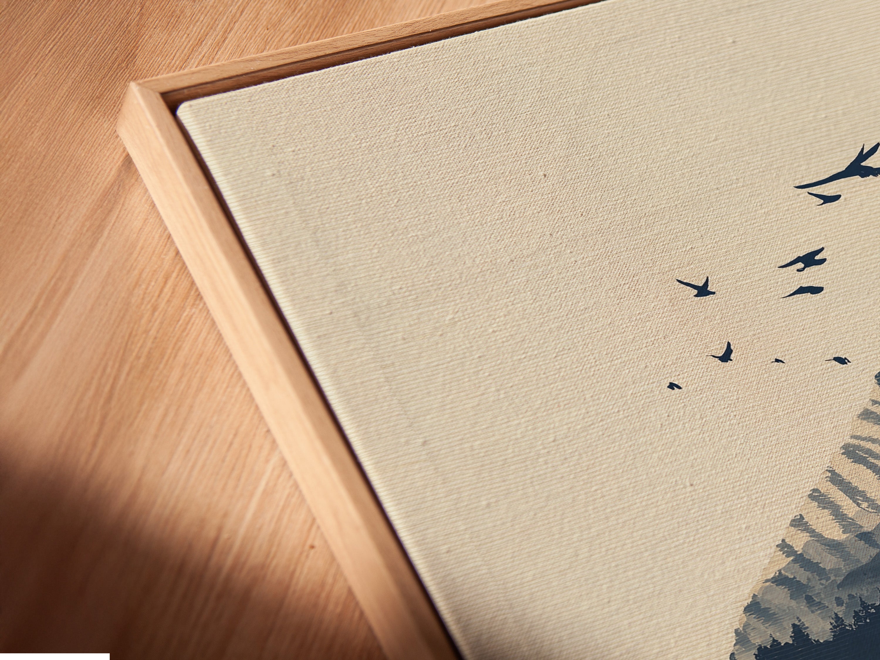 Angled close up of a canvas print in a floating frame. The tiger double exposure artwork appears to float. This wildlife canvas art adds depth to any space. This floating frame enhances modern nature art. A unique animal art print.