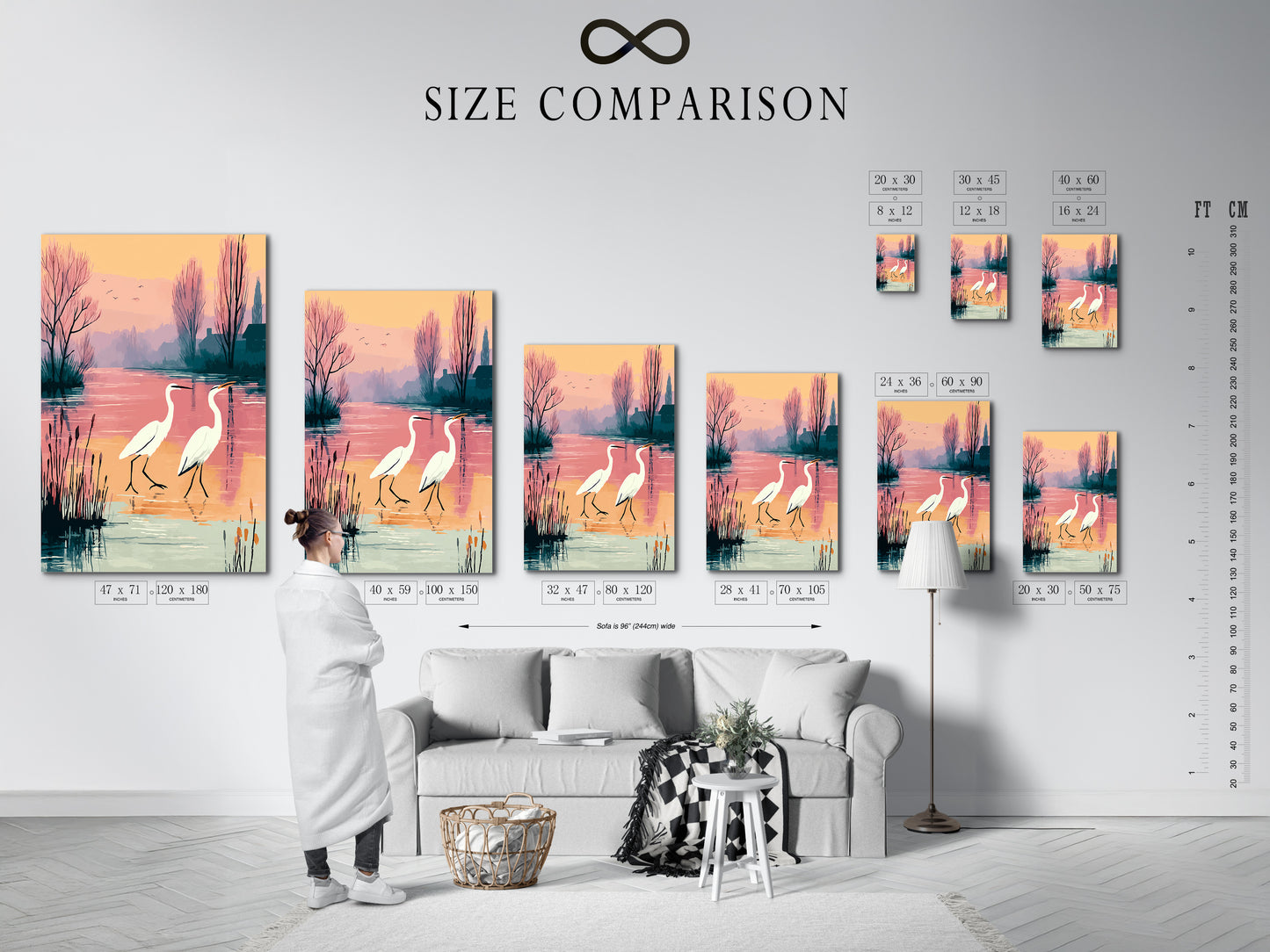 A size comparison chart helps visualize the artwork in an interior. See how the heron canvas print fits your space. The bird artwork enhances living rooms or bedrooms. Choose the perfect size for your serene artwork.