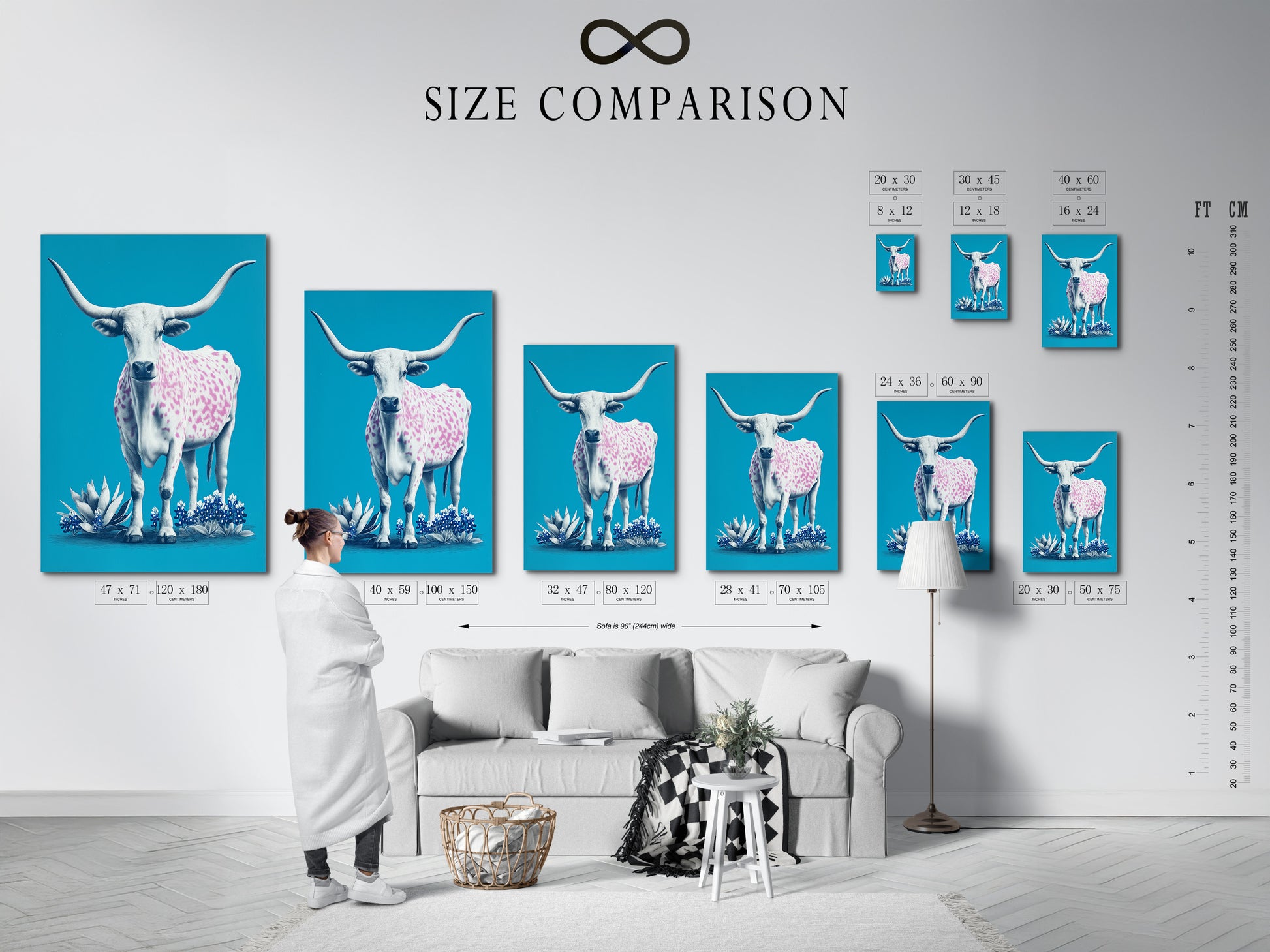 A size comparison chart displayed in an interior setting. The chart showcases various sizes of longhorn cow artwork. It helps visualize the perfect fit for your space. Choose the ideal size for your western or farmhouse decor.