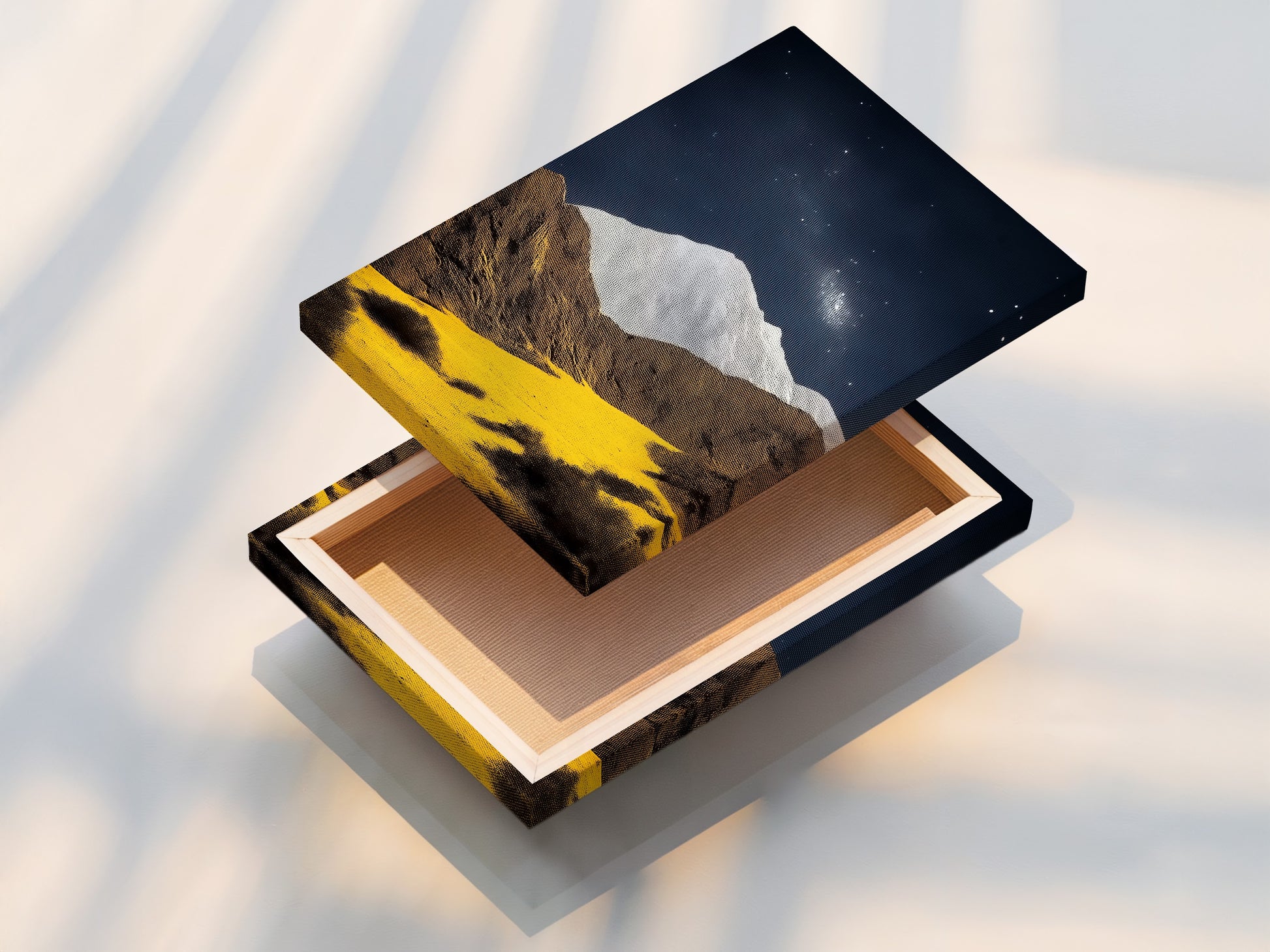 This is a stretched canvas print of the Mountain Galaxy artwork. The canvas highlights the earth tones and celestial details. It's perfect for adding a modern touch to any room. The artwork is ideal for living rooms study rooms or offices. Enhance your space with this stunning piece.