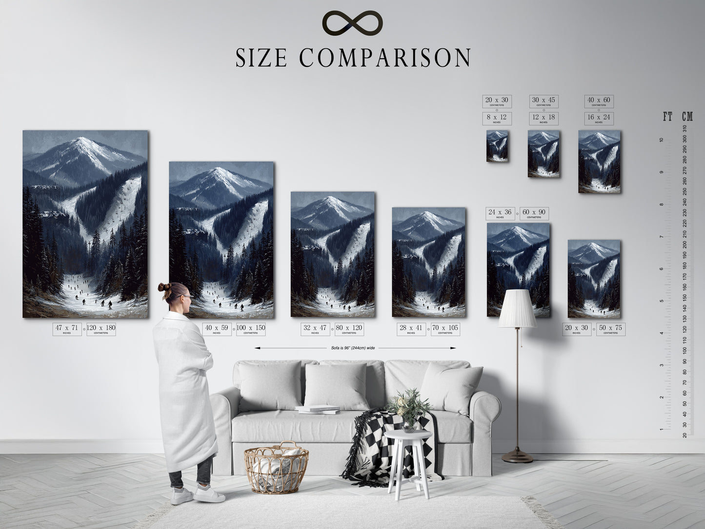 Size comparison chart in an interior setting. Displaying various sizes of the ski resort mountain artwork. Visualize the perfect fit for your space. Choose from canvas prints fine art posters and floating frames.